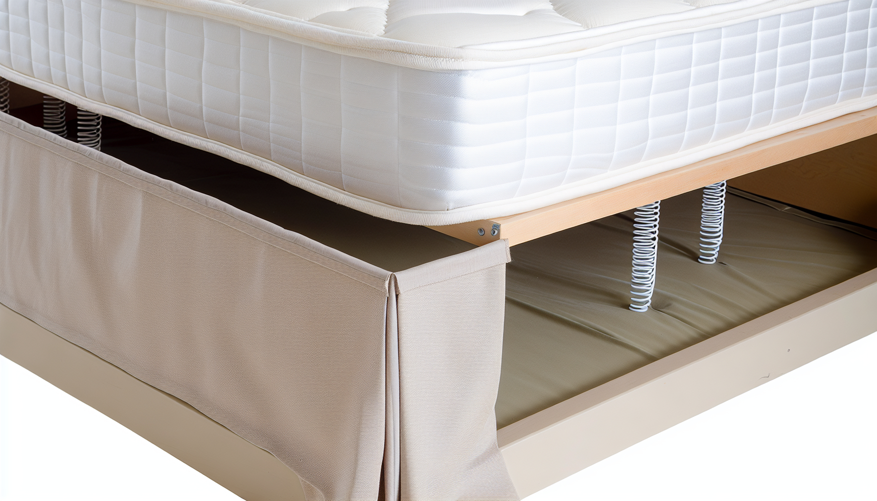 Ein detailliertes Bild eines Boxspringbettes, einer Bettart, die hÃ¤ufig in Haushalten zu finden ist. Es besteht aus einer Matratze und einem speziell gestalteten Holzrahmen, der mit Stoff bezogen ist. Die Matratze ruht auf dem Rahmen, der von Federn unterstÃ¼tzt wird, die zusÃ¤tzlichen Komfort bieten. Der Bettrahmen hat eine mittlere HÃ¶he, die ausreichend Stauraum unter dem Bett bietet. Der mit Stoff bezogene Rahmen ist in einem neutralen Beigeton gehalten, der gut zur weiÃŸen Matratze passt. Das Bett ist zart gestaltet mit einer sauberen Verarbeitung, die die klaren Linien und die elegante Schlichtheit des MÃ¶belstÃ¼cks zur Geltung bringt.