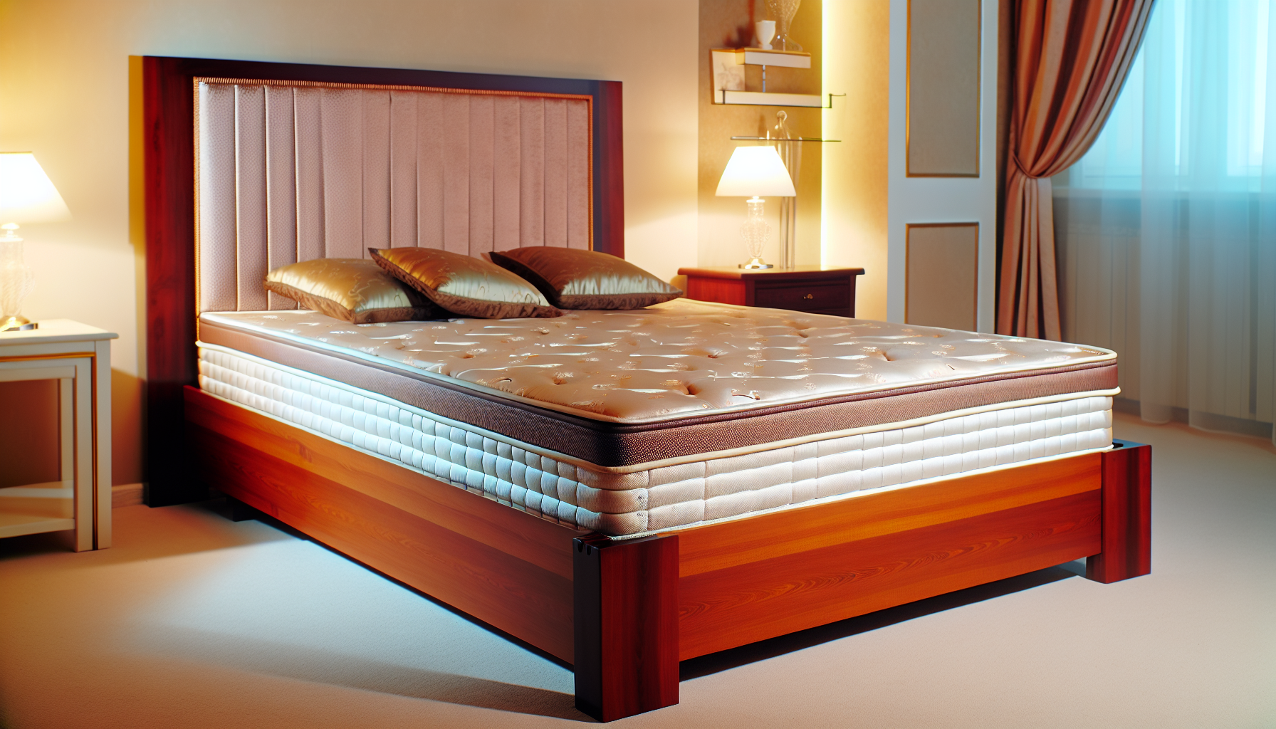 Ein elegant gestaltetes Boxspringbett lehnt an einer Wand in einem geschmackvoll dekorierten Schlafzimmer. Der Bettrahmen besteht aus hochwertigem Holz wie Kirsche oder Eiche, was der gesamten Struktur einen Hauch von Raffinesse und StabilitÃ¤t verleiht. Die Matratze ist mit luxuriÃ¶ser BettwÃ¤sche in harmonischen FarbtÃ¶nen bezogen, die mit sorgfÃ¤ltig ausgewÃ¤hlten Kissen abgestimmt ist, um ein GefÃ¼hl der Ruhe zu vermitteln. Das Kopfteil ist gepolstert, weich und verfÃ¼gt Ã¼ber ein klassisches, gestepptes Design, das dem Bett eine gemÃ¼tliche Note verleiht. Im Hintergrund sorgt ein sanftes, diffuses Licht, mÃ¶glicherweise von einer stilvollen Tischlampe, fÃ¼r einen warmen und einladenden Schein.