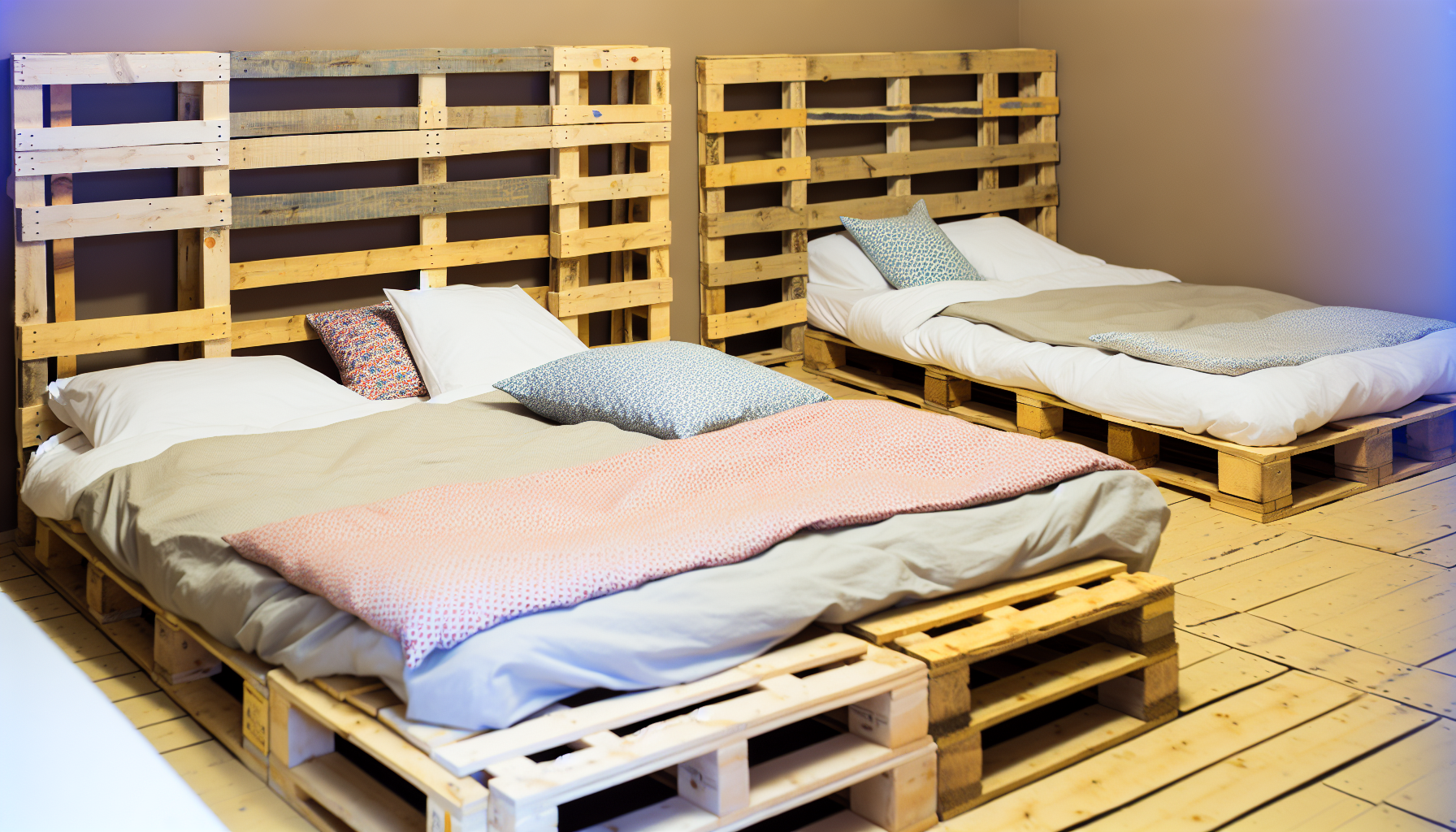 Ein Bild, das Palettenbetten zeigt, die ordentlich in einem Raum mit sanft gestrichenen WÃ¤nden angeordnet sind. Die Betten sind geschickt aus Holzpaletten gefertigt und verleihen dem Raum ein rustikales Flair. Jedes Bett ist mit bequemer BettwÃ¤sche ausgestattet; frischen weiÃŸen Laken und einer Vielzahl von Kissen in verschiedenen Mustern und Farben. Die AtmosphÃ¤re des Raumes ist warm und einladend, das Holz der Palettenbetten hat ein leicht abgenutztes, aber charmantes Aussehen, das ein GefÃ¼hl von Entspannung und Leichtigkeit fÃ¶rdert.
