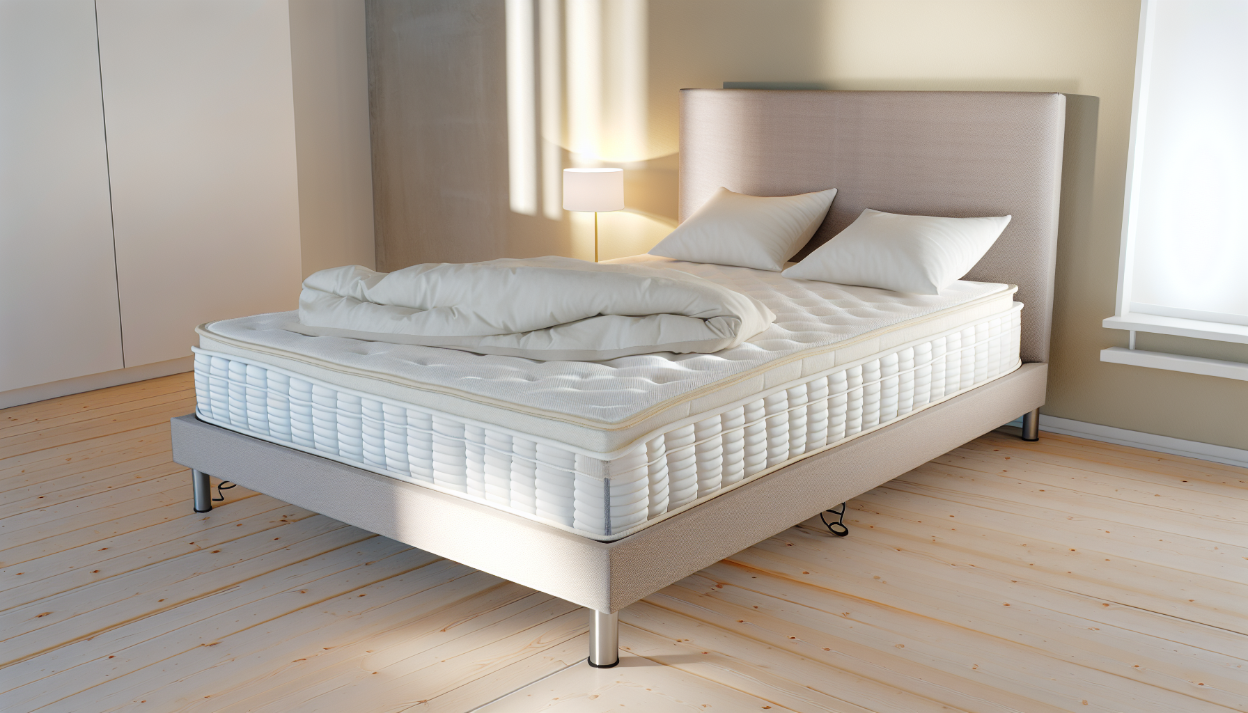 Dies ist ein hochauflÃ¶sendes Bild eines Boxspringbetts, einer speziellen Art von Bett, die in Deutschland beliebt ist. Es besteht aus einem stabilen Holz- oder Metallbettgestell, das mit Stoff bezogen ist und Federn enthÃ¤lt. Auf diesem Gestell liegt eine Matratze. Dieses spezielle Boxspringbett wird in einem gut beleuchteten Raum gezeigt, in dem Licht von einem nahegelegenen Fenster strÃ¶mt. Die Matratze ist mit weiÃŸen Bettlaken bedeckt, wÃ¤hrend der Stoffbezug des Bettgestells in einem beruhigenden, neutralen Beigeton gehalten ist. Man kann auch flauschige, bequeme Kissen sehen, die ordentlich am Kopfende des Bettes platziert sind.