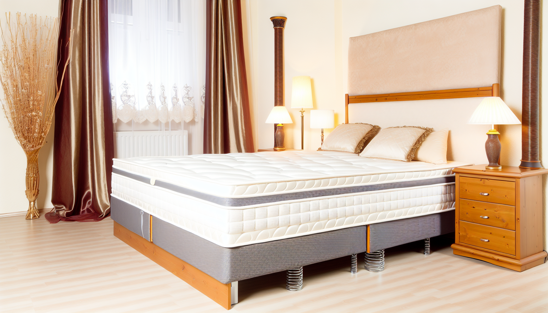Ein Bild, das ein Boxspringbett zeigt, welches ein deutsches Holzbett mit einer Boxspringmatratze ist. Das Bett befindet sich in einem geschmackvoll eingerichteten Schlafzimmer, das mit Nachttischen, Lampen und eleganten Vorhängen ausgestattet ist. Auf dem Bett liegen plüschige Kissen und eine gemütliche Decke. Die Wände sind in hellen, beruhigenden Farben gestrichen.