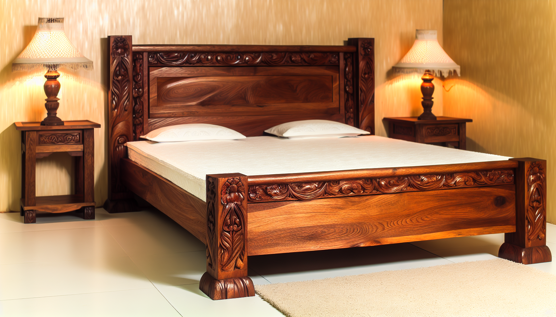Ein robustes und elegantes Bett aus massivem Holz, wunderschÃ¶n mit kunstvollen Designs geschnitzt. Das Holz zeigt einen reichen, tiefbraunen Farbton und seine Textur weist die feinen Maserungsmuster auf. Der Bettrahmen umfasst ein hohes Kopfteil, das ebenfalls aus demselben massiven Holz gefertigt ist und mit Ã¤hnlichen kunstvollen Designs verziert ist. Das Bett wird durch eine bequeme Matratze ergÃ¤nzt, die mit einer weiÃŸen, plÃ¼schigen Bettdecke geschmÃ¼ckt ist. Zwei Holztische flankieren das Bett, jeder mit einer charmanten Vintage-Lampe darauf. Die AtmosphÃ¤re ist ruhig und einladend, reminiscent an ein gemÃ¼tliches, traditionelles Schlafzimmer.
