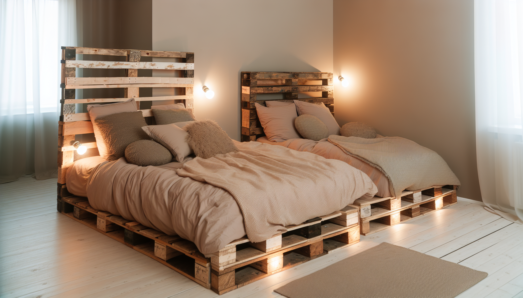 Ein Bild, das ein rustikal gestaltetes Schlafzimmer mit Palettenbetten zeigt. Der Raum ist perfekt mit warmem Licht beleuchtet, das die einzigartigen Texturen der wiederverwendeten Holzpaletten, aus denen die Betten bestehen, hervorhebt. Die Betten sind mit weicher und flauschiger BettwÃ¤sche in sanften ErdtÃ¶nen geschmÃ¼ckt. Weitere Details sind Kissen auf dem Bett und ein kleiner Nachttisch neben jedem Bett, der aus demselben Palettenmaterial gefertigt ist. Die WÃ¤nde des Raumes haben einen neutralen Farbton, um den Fokus auf die Palettenbetten zu lenken.
