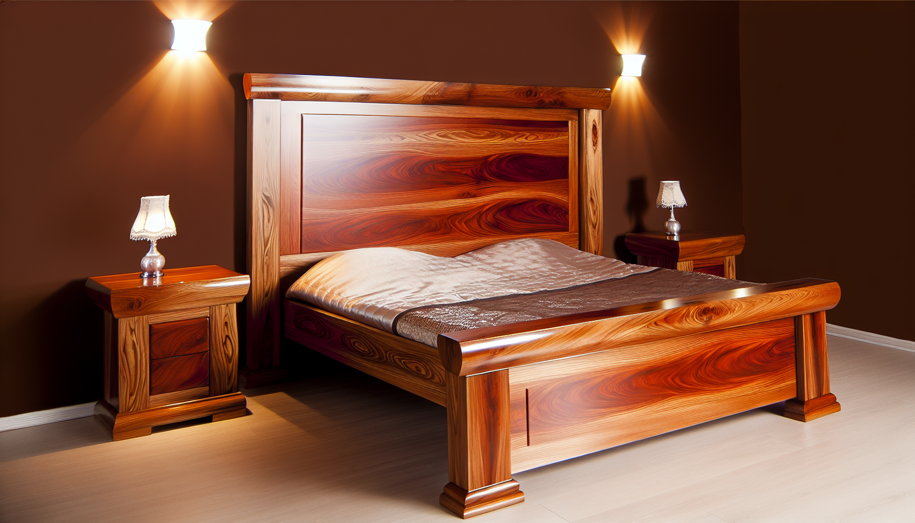 Ein exquisit verarbeitetes Bett aus massivem Holz mit einem stabilen Rahmen, der mit einem glÃ¤nzenden Finish versehen ist, das die natÃ¼rlichen, einzigartigen Maserungsmuster hervorhebt. Stellen Sie sich warme, reiche Holznuancen vor, die durch geschmackvolle Beleuchtung betont werden. Das Kopfteil ist hoch und kunstvoll geschnitzt und verleiht dem Raum eine klassische Eleganz. Passende Nachttische auf beiden Seiten des Bettes ergÃ¤nzen die gesamte Ã„sthetik, wÃ¤hrend eine plÃ¼schige Bettdecke, die darÃ¼ber drapiert ist, zu einem komfortablen Schlaf einlÃ¤dt. FÃ¼gen Sie einige dekorative Kissen auf dem Bett hinzu, um zusÃ¤tzlichen Komfort zu schaffen.