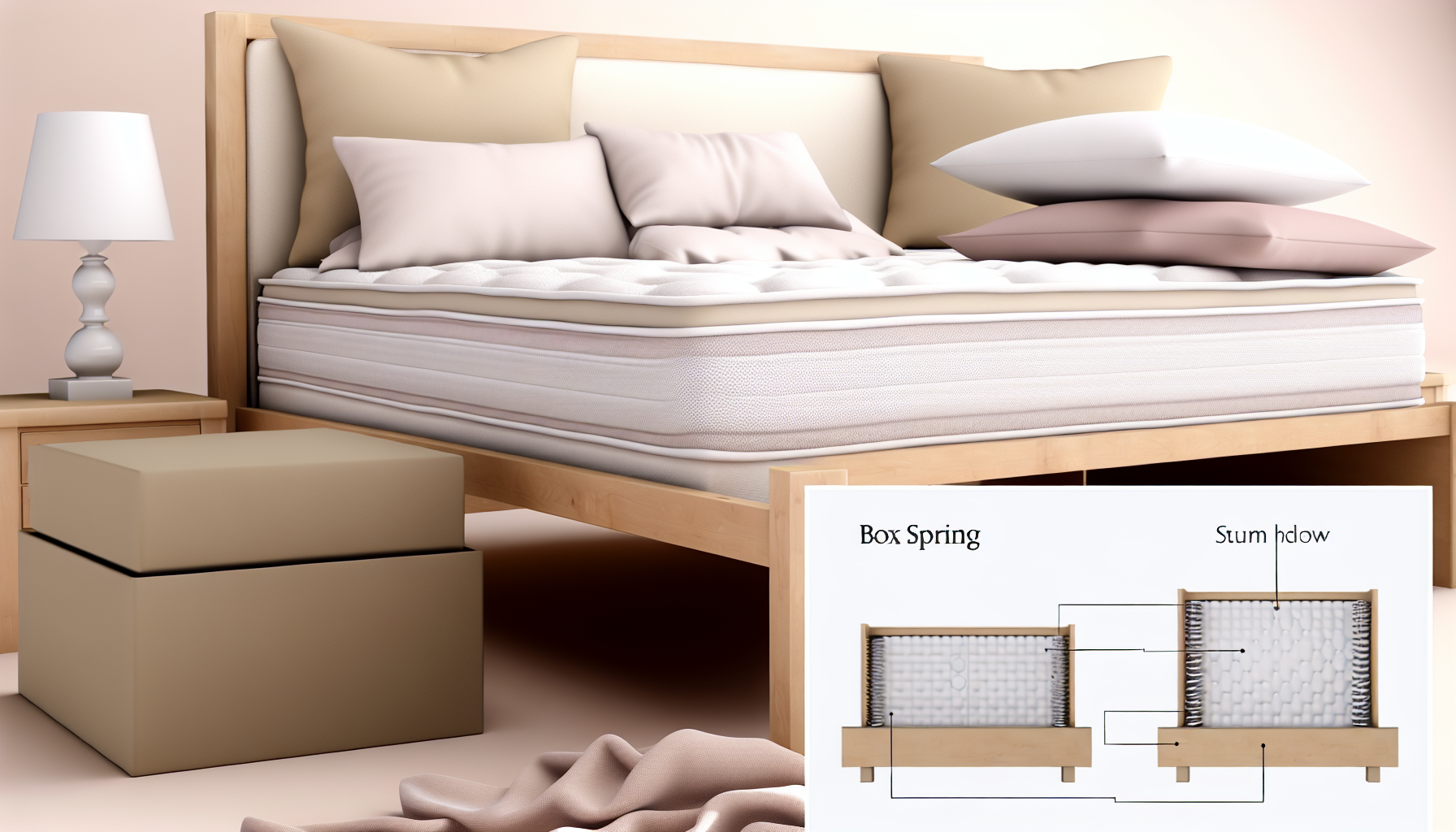 Ein Bild, das ein klassisches Boxspringbett einfÃ¤ngt und seine charakteristische Architektur zeigt. Das Bett sollte elegant gestaltet sein, mit einem stabilen Holzrahmen, einer bequemen Boxspringmatratze und einem weichen, gepolsterten Kopfteil. Rund um das Bett sollte die AtmosphÃ¤re ein subtiler Sinn fÃ¼r Ruhe und Entspannung vermitteln, was auf eine gemÃ¼tliche Schlafzimmergestaltung hinweist. Die BettwÃ¤sche kann aus plÃ¼schigen Kissen, glatten Laken und einer warmen, einladenden Decke oder Bettdecke bestehen. Die Farbpalette sollte sanft und beruhigend sein, mÃ¶glicherweise eine Mischung aus neutralen TÃ¶nen und gedÃ¤mpften Pastellfarben.