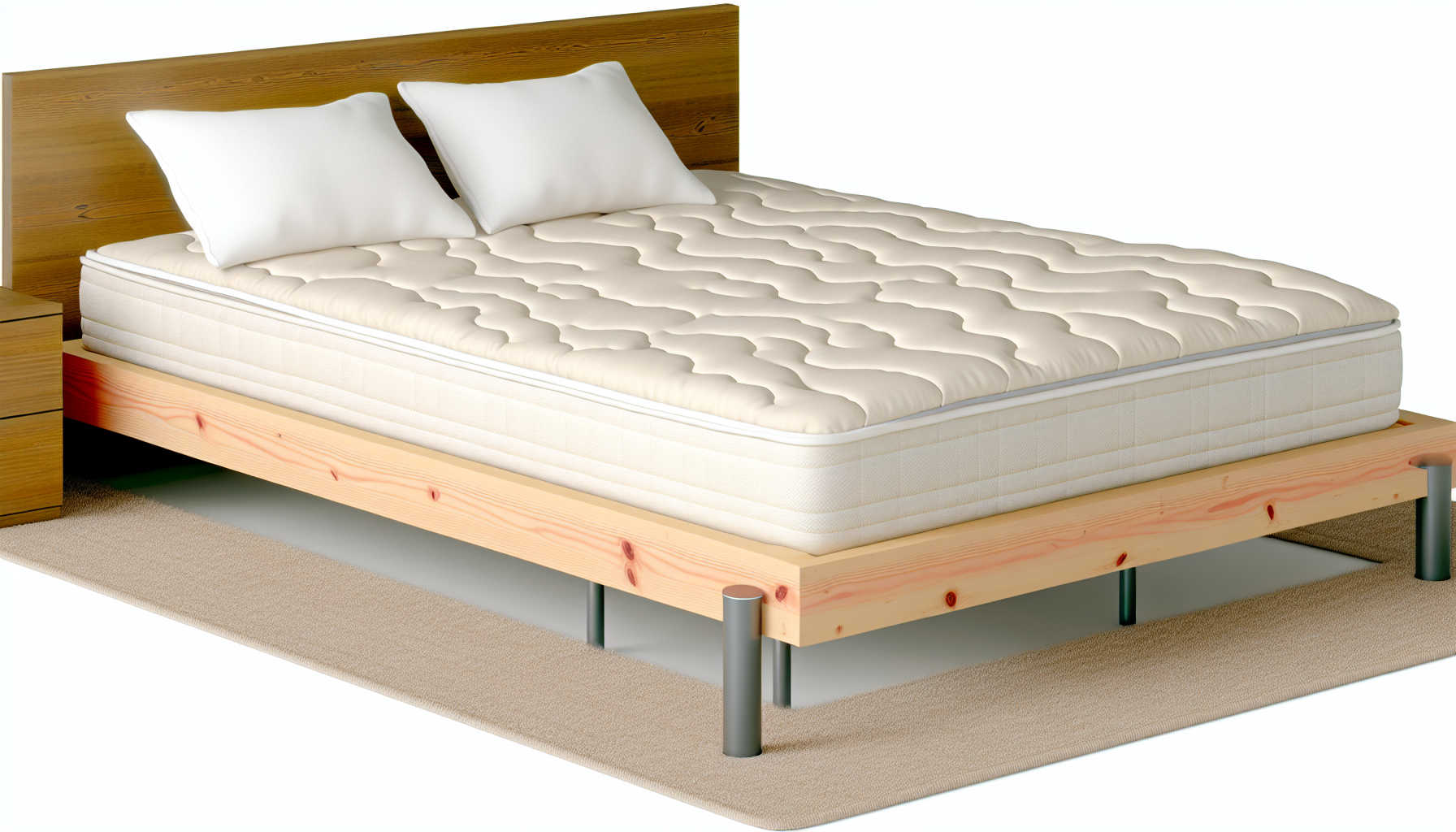 Eine detaillierte Beschreibung eines Boxspringbetts, einer gängigen Bettart in Deutschland. Dieses Bett verfügt über einen robusten Holzrahmen, eine hochwertige Boxspring und eine gemütliche Matratze obenauf. Das Bett hat starke Metallbeine, die erhebliches Gewicht tragen können. Eine dicke, angenehme Bettdecke in einem cremigen Farbton liegt auf der Matratze und verströmt eine warme, einladende Aura um das Bett herum. Ergänzende Kissen ruhen auf dem Bett. Der Raum, in dem sich das Bett befindet, ist geschmackvoll mit minimalistischem Mobiliar dekoriert, was einen ordentlichen und aufgeräumten Eindruck in einer insgesamt entspannten Atmosphäre vermittelt.