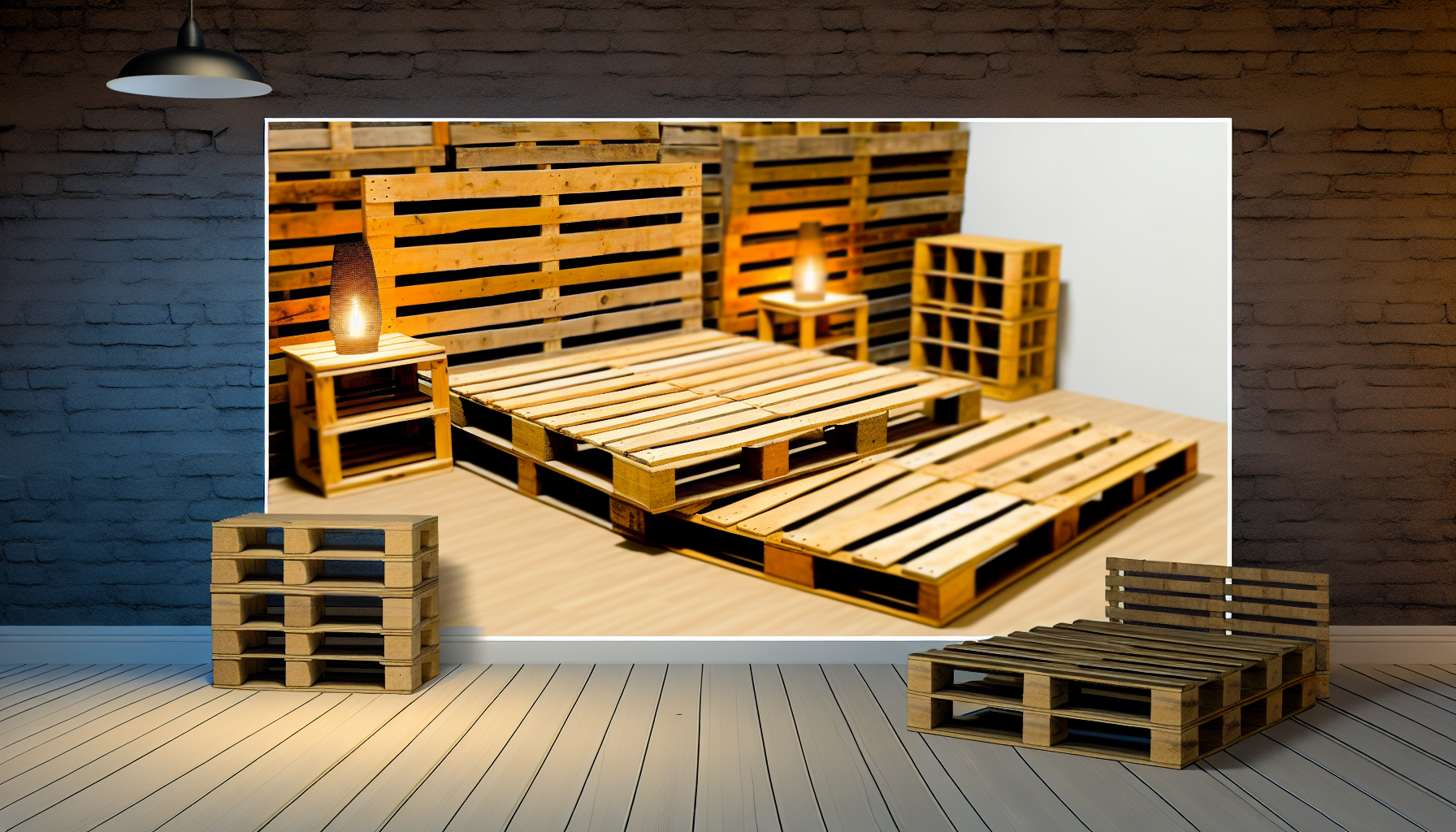 Stellen Sie sich eine Szene vor, in der Palettenbetten kreativ gestaltet sind. Diese Betten bestehen aus Holzpaletten und verleihen dem Raum ein rustikales und einzigartiges Aussehen. Die Holzmaserung ist deutlich sichtbar, und die Paletten sind in verschiedenen Konfigurationen angeordnet, um als Bettgestell zu dienen. Die Umgebung ist ein ansprechend eingerichtetes, gemÃ¼tliches Schlafzimmer. Einige Palettenbetten kÃ¶nnten sogar zusÃ¤tzliche Elemente wie Nachttische aus demselben Material aufweisen. Die Beleuchtung in der Szene schafft eine WÃ¤rme, die die HolztonalitÃ¤ten der Palettenbetten ergÃ¤nzt.