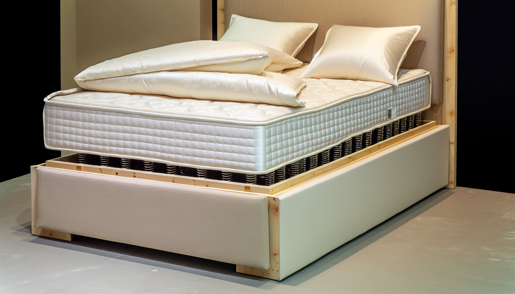 Ein kunstvoll gestaltetes Boxspringbett, das hauptsÃ¤chlich aus hochwertigen Federn besteht, die in einer stabilen Holzkonstruktion untergebracht sind. Das Bett umfasst eine bequeme Matratze, die auf dem Boxspring ruht, und ist mit einer eleganten Decke in einem angenehmen Cremeton bedeckt. Ein paar aufgeplusterte Kissen thronen am Kopfende des Bettes, und ein modern gestaltetes Kopfteil rundet das Gesamtbild ab. Der Raum ist sanft beleuchtet, was die einladende und warme AtmosphÃ¤re des Bettes unterstreicht.