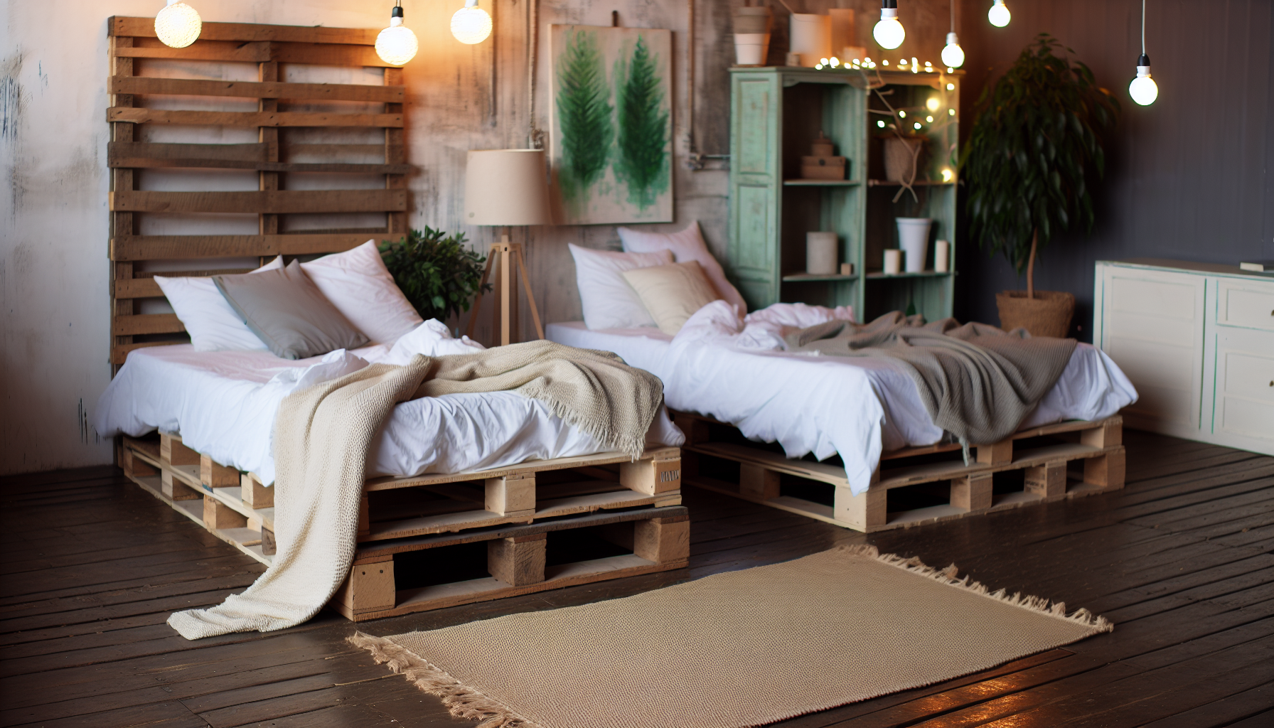 Ein Bild, das eine Szene mit zwei Palettenbetten zeigt, die mit weicher BettwÃ¤sche und flauschigen Kissen dekoriert sind. Der Raum ist schwach beleuchtet und im Shabby-Chic-Stil eingerichtet, mit verwitterten HolzmÃ¶beln, vintage Lichtquellen und weiÃŸ getÃ¼nchten WÃ¤nden, die mit umweltfreundlicher Kunst geschmÃ¼ckt sind. Ein beiger gewebter Teppich liegt auf einem Holzboden und verleiht dem Raum WÃ¤rme. Auf Nachttischen neben jedem Bett stehen Pflanzen in rustikalen TÃ¶pfen, die die Luft reinigen und zur Entspannung einladen. Die Betten sind neben einer Lichterkette platziert, die eine warme, ruhige AtmosphÃ¤re schafft.