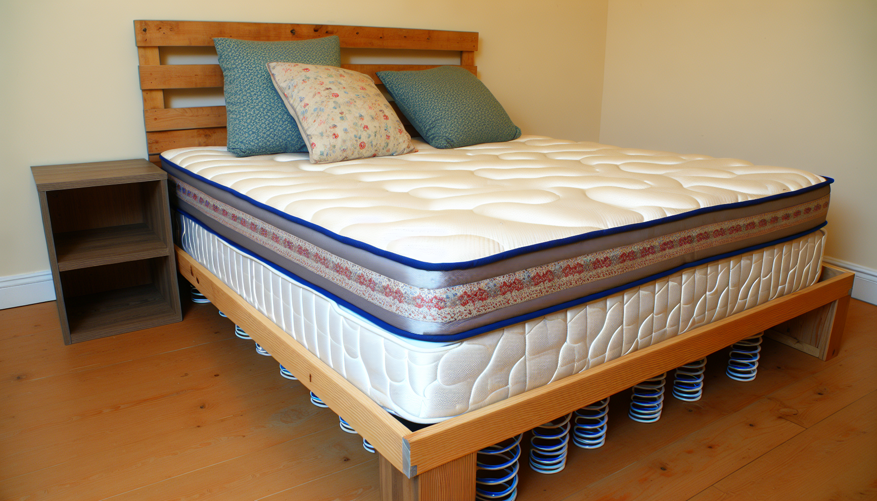 Ein Boxspringbett, das hÃ¤ufig in westlichen Haushalten zu finden ist. Es hat eine dicke, bequeme Matratze, die auf einem Bettgestell aus einem robusten Holzkasten ruht, der mit Federn gefÃ¼llt ist. Das Bettgestell unterstÃ¼tzt die Matratze und absorbiert StÃ¶ÃŸe, was die Lebensdauer und den Komfort der Matratze verbessert. Das Bett ist ordentlich gemacht mit einer kuscheligen Bettdecke und einem Set aus flauschigen Kissen. Die Farben und Muster der BettwÃ¤sche sind geschmackvoll und beruhigend und ergÃ¤nzen perfekt die Einrichtung des Schlafzimmers.