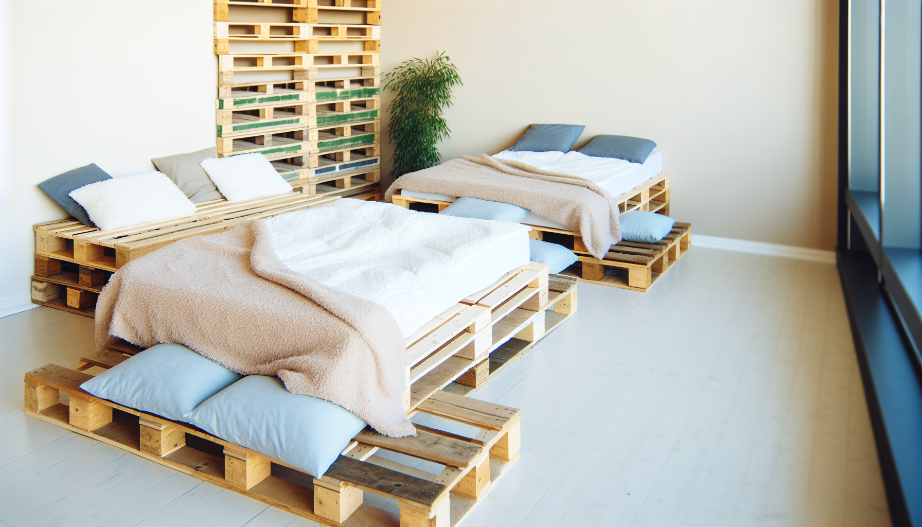Ein Bild von Palettenbetten. Die Betten bestehen vollstÃ¤ndig aus wiederverwendeten Holzpaletten. Sie sind so gestapelt und angeordnet, dass sie bequem und Ã¤sthetisch ansprechend sind. Die Betten haben flauschige Kissen und gemÃ¼tliche Decken. Sie befinden sich in einem gerÃ¤umigen Raum mit minimalistischer Inneneinrichtung, hellen WÃ¤nden und einem Holzboden. Einige Zimmerpflanzen verleihen dem Raum einen Hauch von GrÃ¼n. Der Raum ist hell erleuchtet und schafft eine warme und einladende AtmosphÃ¤re.