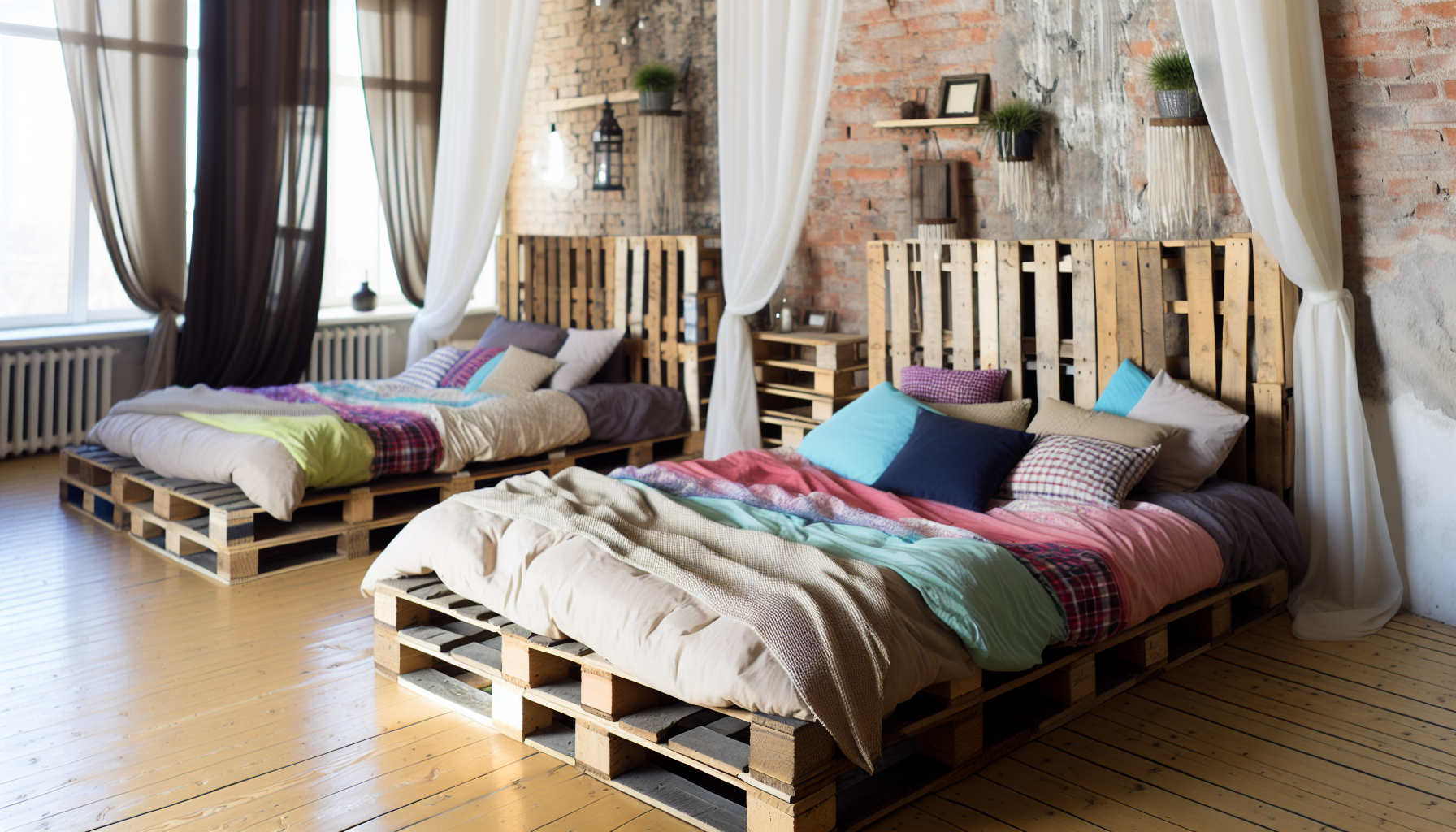 Ein Bild, das mehrere Palettenbetten in einem gemÃ¼tlichen Schlafzimmer zeigt. Die Betten bestehen aus alten Holzversandpaletten und verleihen dem Raum einen rustikalen, aber dennoch schicken Charme. Die BettwÃ¤sche ist eine Mischung aus neutralen Farben mit lebhaften Akzenten, ergÃ¤nzt durch dekorative Kissen, die einen Hauch von Komfort hinzufÃ¼gen. Der Raum hat an einer Seite eine freiliegende Ziegelwand und auf der anderen Seite durchsichtige VorhÃ¤nge, die das natÃ¼rliche Licht sanft filtern. Weitere Raumdekorationen umfassen hÃ¤ngende Zimmerpflanzen und Vintage-Wandkunst. Das gesamte Erscheinungsbild bietet eine einzigartige Mischung aus FunktionalitÃ¤t und Ã„sthetik.