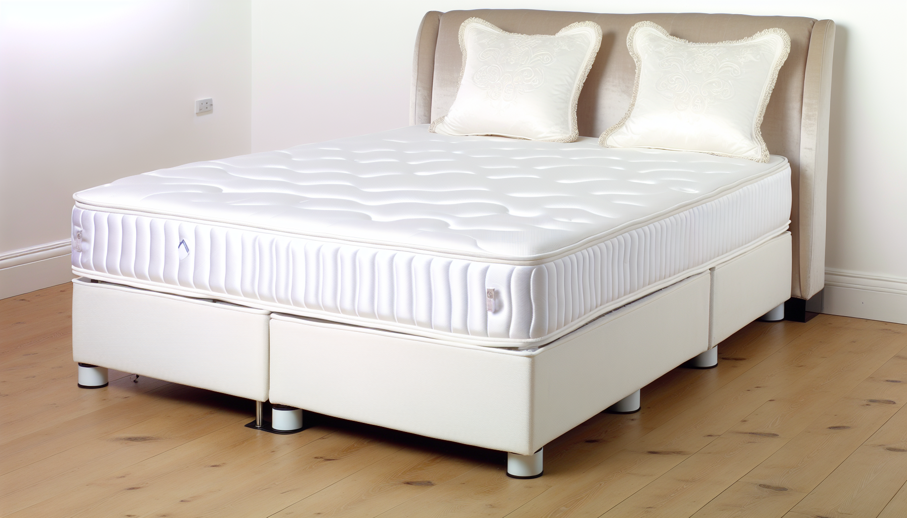Ein einfaches, aber ebenso fesselndes Bild eines Boxspringbetts. Das Bett verfÃ¼gt Ã¼ber eine luxuriÃ¶se Doppelmatratze, die in einem edlen weiÃŸen BaumwollÃ¼berwurf gehÃ¼llt ist. Das darunterliegende Boxspring-System ist kunstvoll gestaltet und zeigt die Exzellenz der Handwerkskunst. Zwei verzierte weiÃŸe Dekokissen liegen auf dem BettÃ¼berwurf und schmÃ¼cken ihn wunderschÃ¶n. Ein Kopfteil, gepolstert mit weichem Samt und etwas dunkler, um einen Kontrast zum WeiÃŸ zu schaffen, ergÃ¤nzt das Ensemble. Helle HolzbÃ¶den sind am Rand des Bildes sichtbar. Die AtmosphÃ¤re strahlt Komfort und Eleganz aus.