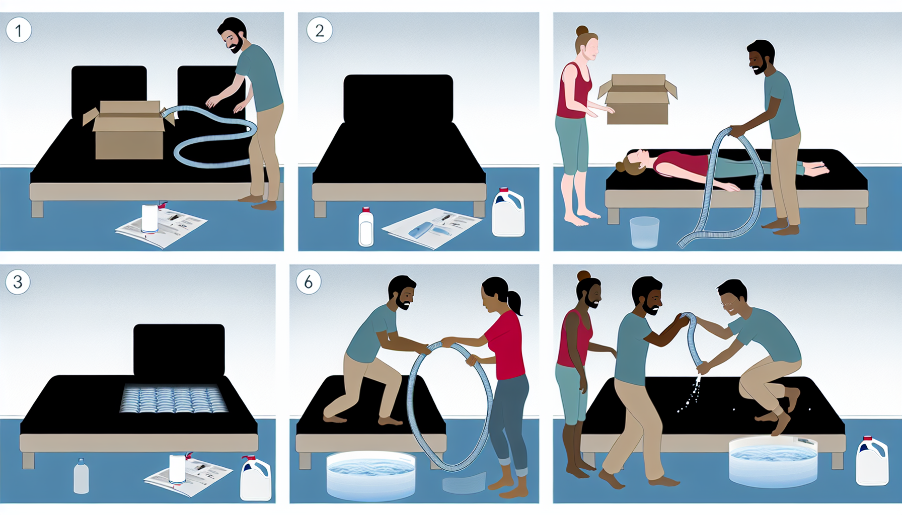 Eine anschauliche Schritt-fÃ¼r-Schritt-Anleitung zum Einrichten und Pflegen eines Wasserbettes. Das erste Bild zeigt einen kaukasischen Mann, der die Komponenten des Bettes in einem Raum auspackt. Die nÃ¤chste Szene zeigt eine hispanische Frau, die einen Wasserschlauch trÃ¤gt, der mit einem Wasserhahn verbunden ist, und die die Matratze fÃ¼llt. In den folgenden Bildern sieht man einen schwarzen Mann, der sorgfÃ¤ltig den Wasserstand anpasst, eine mittelÃ¶stliche Frau, die Conditioner ins Wasser gibt, und eine sÃ¼dasiatische Frau, die die Temperatureinstellungen anpasst. Das letzte Bild zeigt ein ordentlich gemachtes Wasserbett, das bereit zur Benutzung ist.