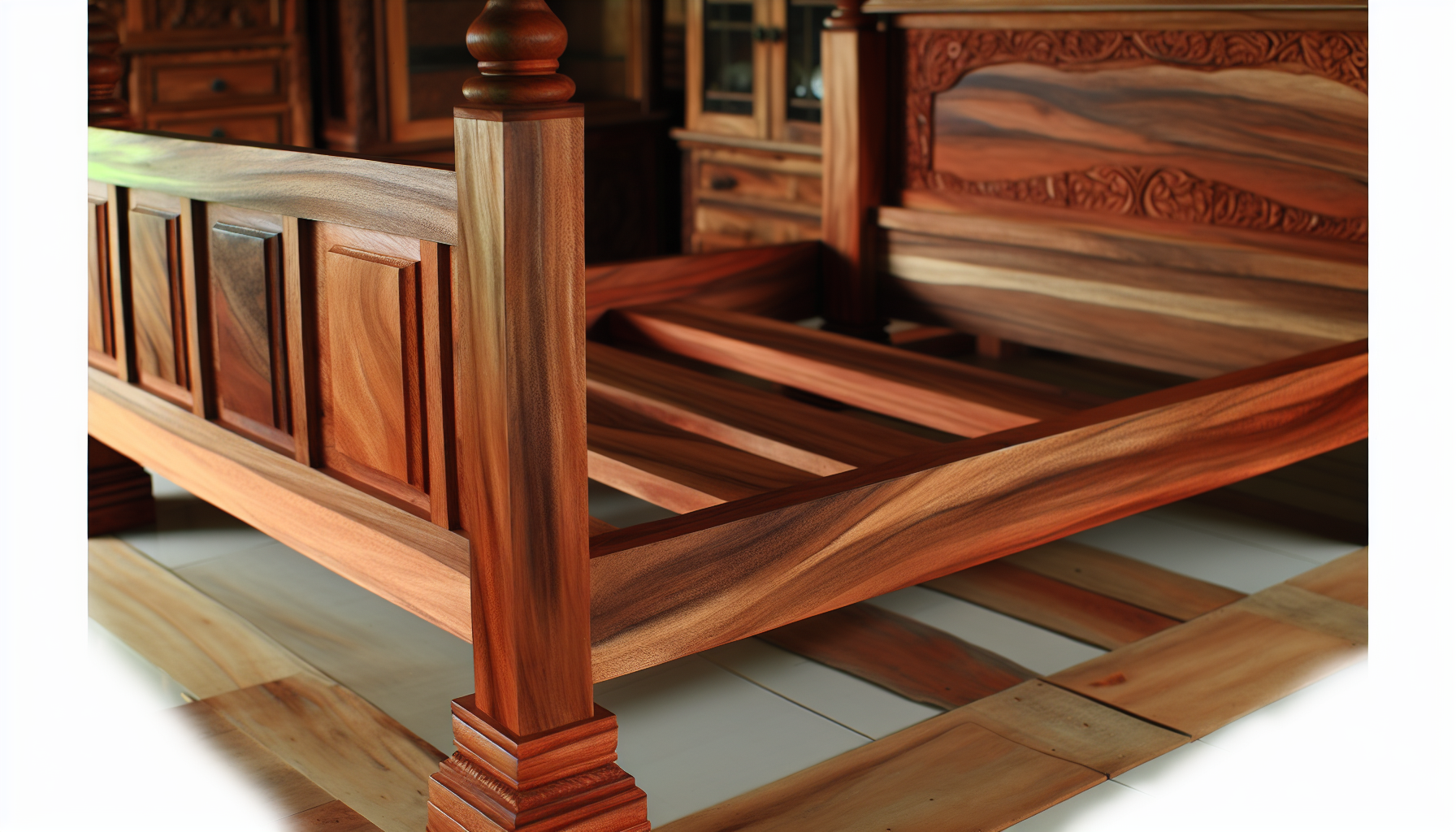 Eine Studie Ã¼ber ein kunstvoll gestaltetes, robustes Bett, das vollstÃ¤ndig aus massivem Holz gefertigt ist und seine schÃ¶nen Maserungsmuster sowie die teakbraune Farbe zur Schau stellt. Das Bett verfÃ¼gt Ã¼ber ein groÃŸes Kopfteil mit aufwendigen Schnitzereien, ergÃ¤nzt durch ein passendes FuÃŸteil. Die hohen Holzpfosten an jeder Ecke des Bettes zeigen die geschickte Handwerkskunst, die in seine Konstruktion eingeflossen ist, und verleihen ihm einen vintage Look. Die gesamte Szene wird durch ein sanftes, natÃ¼rliches Licht verstÃ¤rkt, das dem Raum WÃ¤rme verleiht und die handgefertigten Details sowie die rustikale Ã„sthetik des Bettes betont, wodurch es zum Mittelpunkt eines gut ausgestatteten Schlafzimmers wird.