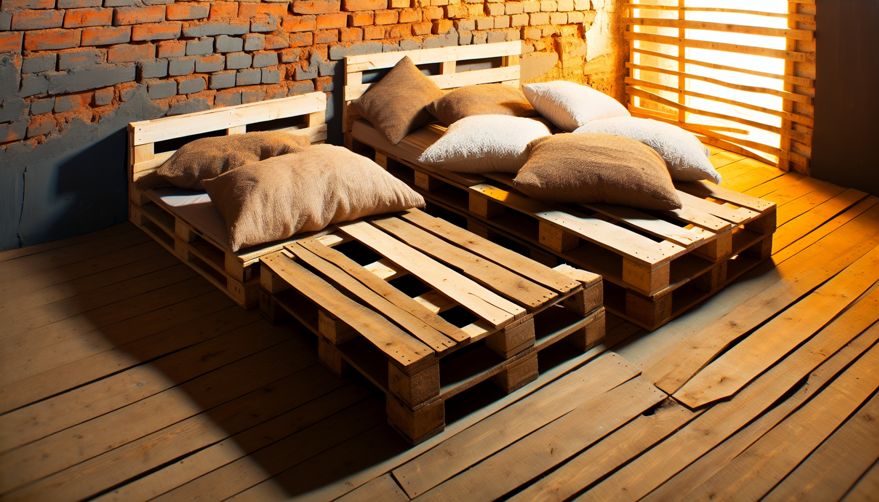 Eine rustikale Szene, die eine Reihe von Palettenbetten zeigt. Diese Betten sind aus Holzpaletten gefertigt, die Gebrauchsspuren und WitterungseinflÃ¼sse aufweisen. Bequeme Matratzen mit Ã¼ppigen Kissen liegen auf jeder Palette und schaffen einen einladenden Raum. Die Szene kÃ¶nnte in einem gemÃ¼tlichen, upcycelten Schlafzimmer mit nackten ZiegelwÃ¤nden und einem Holzboden angesiedelt sein. Einige stray Sonnenstrahlen aus dem frÃ¼hen Morgen strÃ¶men herein und werfen warme Lichtakzente und sanfte Schatten im Raum.