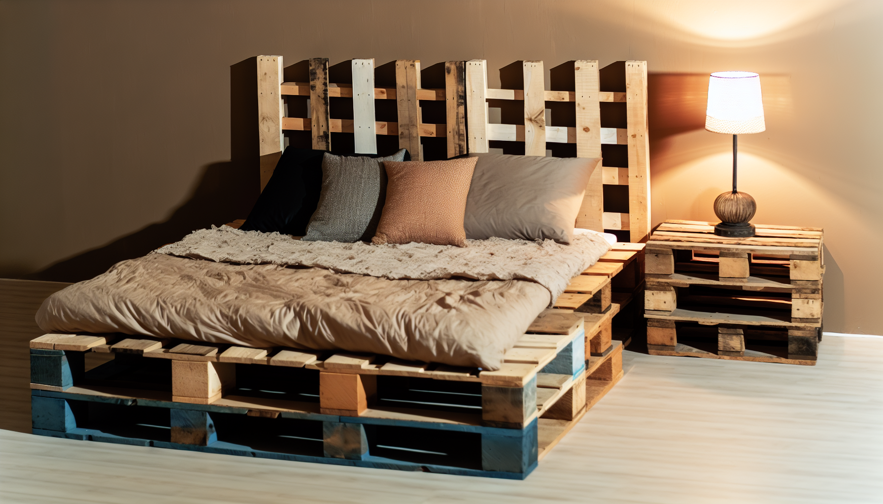 Ein Bild von Palettenbetten. Die Umgebung ist ein gemÃ¼tliches Schlafzimmer mit WÃ¤nden in neutralen TÃ¶nen. Das Bett, das aus wiederverwendeten Holzpaletten gefertigt ist, hat eine dicke, bequeme Matratze darauf. Die BettwÃ¤sche besteht aus einer Mischung verschiedener Texturen und Farben, mit zahlreichen Kissen in unterschiedlichen GrÃ¶ÃŸen, die verstreut sind. Ein kleiner, rustikaler Tisch aus demselben Palettenmaterial steht in der NÃ¤he und trÃ¤gt eine einfache Tischlampe. Die AtmosphÃ¤re ist warm, einladend und dennoch minimalistisch.