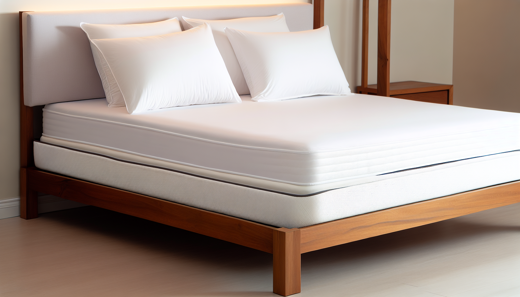 Ein Boxspringbett, das fÃ¼r Komfort und UnterstÃ¼tzung konzipiert ist. Es verfÃ¼gt Ã¼ber einen stabilen Holzrahmen mit klaren Linien und einem minimalistischen Design. Das Bett ist mit frischer, weiÃŸer BettwÃ¤sche ausgestattet, einschlieÃŸlich eines Spannbetttuchs, eines flachen Laken und mehreren plÃ¼schigen Kissen. Die Boxspringmatratze, bekannt fÃ¼r ihre ReaktionsfÃ¤higkeit und Langlebigkeit, liegt auf dem Rahmen und ist sichtbar. Die Gestaltung des Raumes ist neutral und einladend, mit sanfter, ambienter Beleuchtung, die eine warme und gemÃ¼tliche AtmosphÃ¤re schafft.