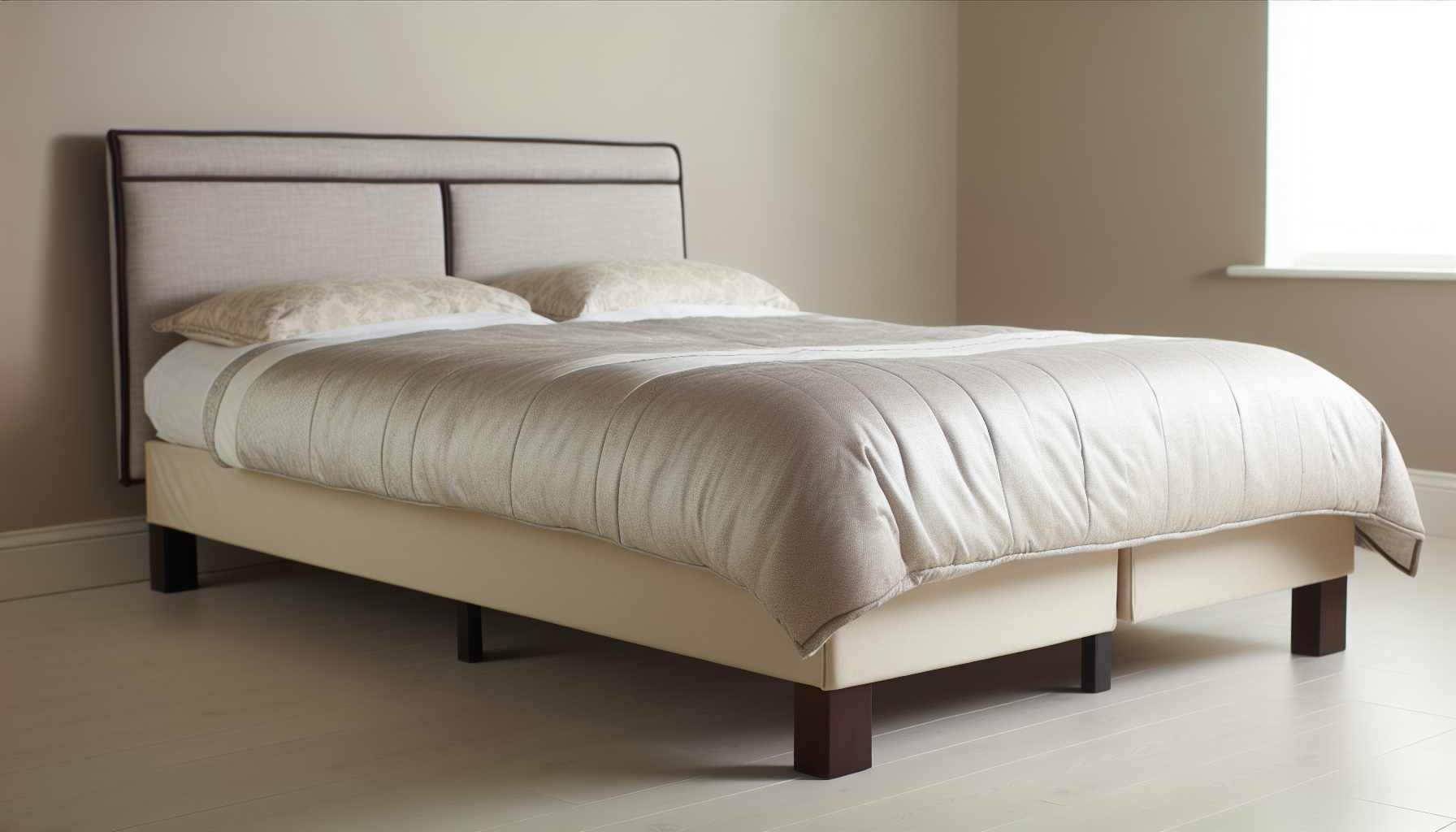 Ein komfortables Boxspringbett, bezogen mit einem weichen Stoff in neutralen TÃ¶nen. Der Bettgestell ist robust, in einem sanften WeiÃŸ gestrichen, was einen Kontrast zu den dunkelbraunen Holzbeinen bildet. Das Bett ist ordentlich gemacht mit einer flauschigen Bettdecke und passenden Kissen, was ein GefÃ¼hl der Ruhe vermittelt. Der Hintergrund kann ein einfaches, gut beleuchtetes Schlafzimmer mit minimalistischer Dekoration sein. Die Gesamtstimmung des Bildes ist ruhig und einladend und weckt das GefÃ¼hl von Entspannung und einem guten Schlaf.