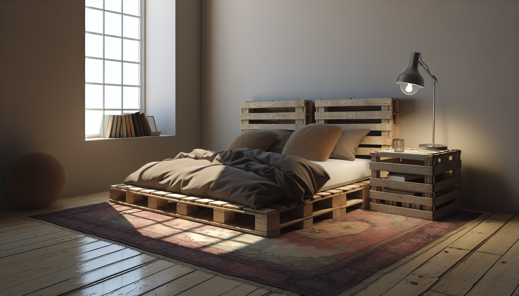 Visualisierung eines Schlafzimmers mit einem Bett aus wiederverwendeten Holzpaletten. Es steht in einer gemütlichen Ecke des Raumes, wo ein großes Fenster sanftes Licht in den Raum strömen lässt. Ein paar flauschige Kissen und eine warme Decke liegen auf dem rustikalen Palettenbett und laden zu Komfort und Entspannung ein. In der Nähe des Bettes dient eine upgecycelte Holzkiste als Nachttisch, auf dem eine Leselampe und ein Stapel Bücher stehen. Der Boden unter dem Bett ist mit einem verblassten, antiken Teppich geschmückt, der dem ansonsten minimalistischen Dekor Reichtum und Textur verleiht.