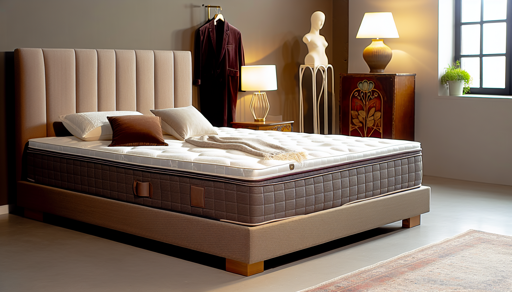 Ein gut gestaltetes Boxspringbett dominiert die Raumaufteilung. Es besteht aus hochwertigem Holz und exquisit gefertigtem Stoff, komplett mit einem beeindruckend hohen Kopfteil. Die Matratze sitzt perfekt auf dem Boxspring und bietet ample Komfort. Die Atmosphäre des Raumes repräsentiert eine Mischung aus Modernität und Gemütlichkeit, mit sanften Farbtönen für einen eleganten Look. Das Bett ist mit plüschigen Kissen und einer geschmackvollen Decke geschmückt, die zur gesamten Dekoration passt. Ein Jugendstil-Nachttisch steht neben dem Bett und trägt eine Vintage-Lampe für einen Hauch von Nostalgie.