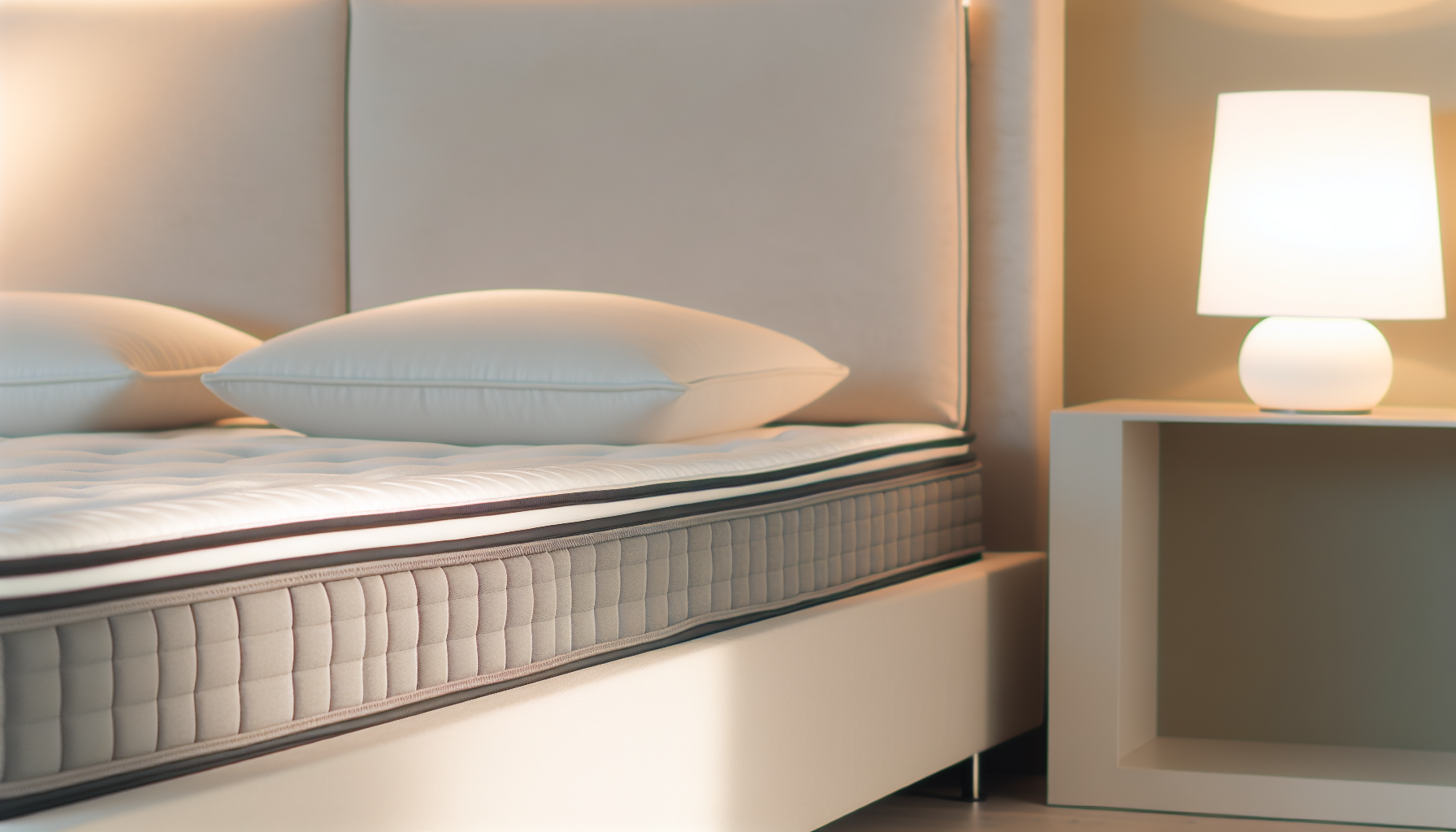 Ein detailliertes Bild eines Boxspringbetts, das im Deutschen als 'Boxspringbett' bekannt ist. Es befindet sich in einem leicht beleuchteten Raum mit minimalistischem Innendesign. Das Bett ist elegant gemacht und zeigt eine plÃ¼schige Bettdecke sowie mehrere weiche, bequeme Kissen. Man kann die markante Boxspringbasis unter der Matratze erkennen, die auf seinen einzigartigen Stil hinweist. Die Wand hinter dem Bett hat eine beruhigende, neutrale Farbpalette, die die GesamtatmosphÃ¤re des Raumes ergÃ¤nzt. Ein kleiner Nachttisch steht in der NÃ¤he mit einer dekorativen Lampe, die ein sanftes, warmes Licht ausstrahlt und weiche Schatten Ã¼ber die ruhige Szenerie wirft.