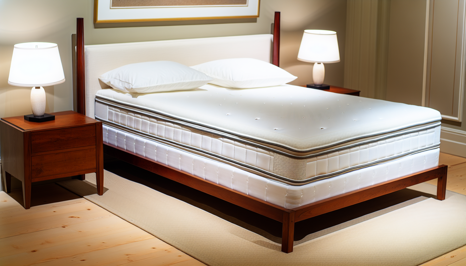 Eine detaillierte Darstellung eines Boxspringbettes, schÃ¶n gemacht mit frischen weiÃŸen Bettlaken. Das Bett hat einen stabilen Holzrahmen, der die Boxspring unterstÃ¼tzt, die wiederum eine bequeme Matratze trÃ¤gt. Die Anordnung des Raumes ist einfach, aber anmutig, mit den notwendigen Elementen wie zwei Holz-Nachttischen, auf denen moderne Lampen stehen. Unter dem Bett liegt ein gemÃ¼tlicher Teppich, der sich in den Raum erstreckt. Die WÃ¤nde sind mit geschmackvollen Kunstwerken geschmÃ¼ckt, die eine entspannende, elegante AtmosphÃ¤re schaffen â€“ perfekt fÃ¼r eine gute Nachtruhe.