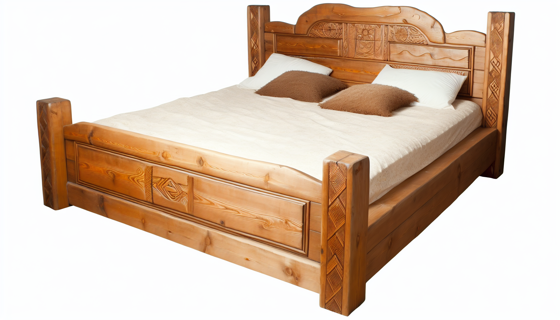 Ein groÃŸes, robustes Bett aus massivem Holz. Der Holzrahmen des Bettes ist kunstvoll mit interessanten Designs verziert. Das Kopfteil ist hoch und macht eine eindrucksvolle Aussage, wÃ¤hrend die Matratze weich und einladend ist. Die BettwÃ¤sche ist weich und deutet auf eine hohe Fadenzahl hin und umfasst flauschige Kissen sowie eine warme Decke. Insgesamt strahlt das Bett einen gemÃ¼tlichen, rustikalen Charme aus.