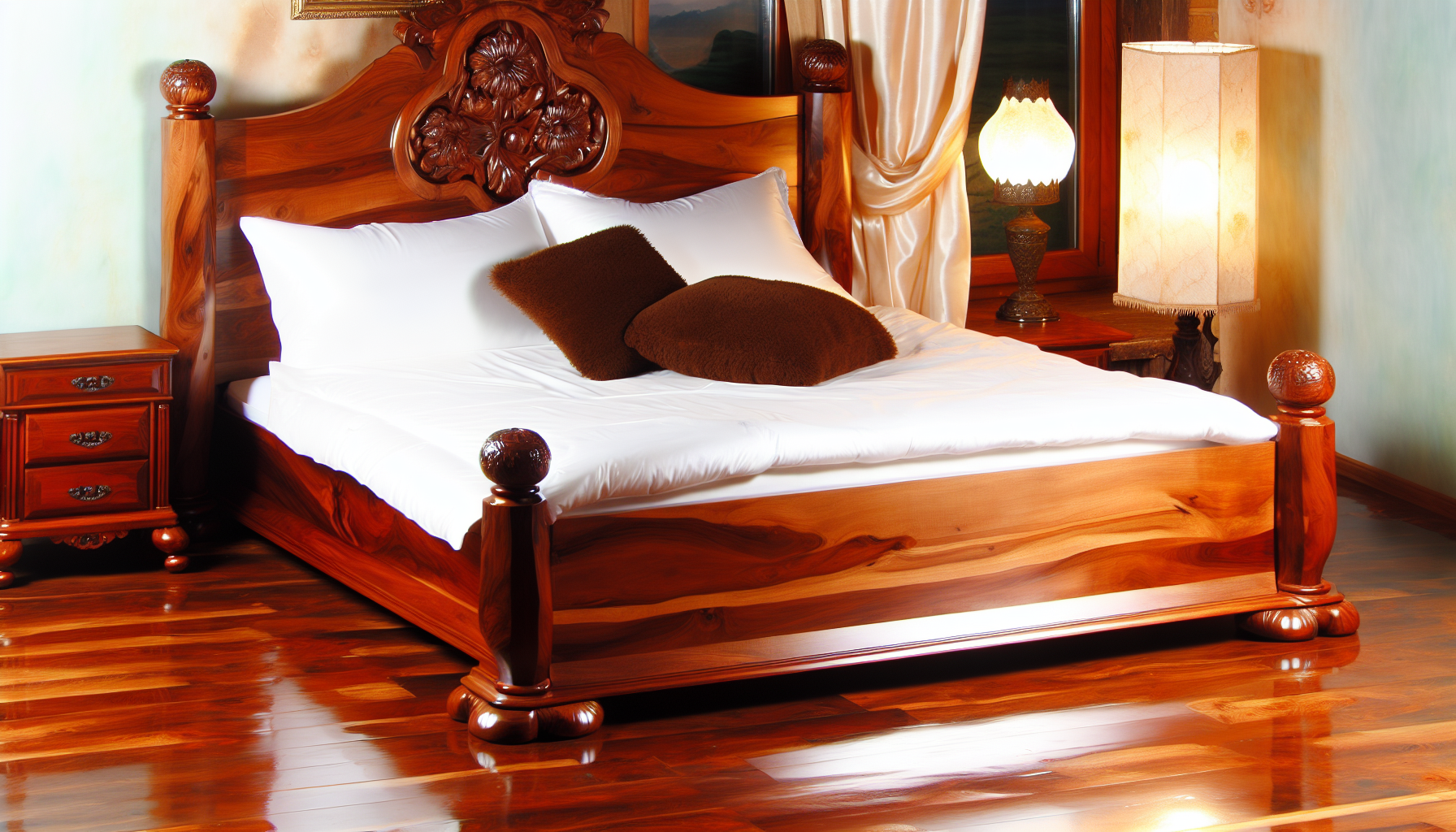 Ein groÃŸes Bett, das vollstÃ¤ndig aus poliertem, hochwertigem Hartholz gefertigt ist. Es verfÃ¼gt Ã¼ber ein exquisit geschnitztes Kopfteil, das florale Motive zeigt. GemÃ¼tlich in einem rustikalen Schlafzimmer positioniert, ist das Bett mit einem frischen weiÃŸen Leintuch, einer aufgeplusterten Bettdecke und mehreren plÃ¼schigen Kissen, die verstreut sind, geschmÃ¼ckt. Eine antike Lampe, die auf einem passenden Holztisch steht, wirft ein sanftes, warmes Licht auf das Bett. Der Boden des Zimmers, ebenfalls aus Hartholz, reflektiert das Licht der Lampe mit einem glÃ¤nzenden Schimmer und ergÃ¤nzt die gesamte Ã„sthetik des Raumes.