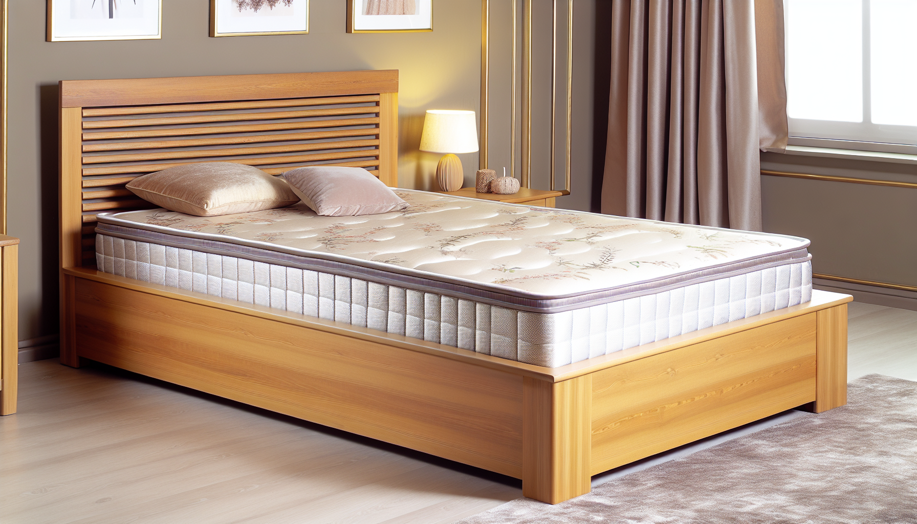 Ein wunderschÃ¶n gestaltetes Boxspringbett. Der Bettgestell besteht aus robustem, natÃ¼rlichem Holz und ist poliert, sodass es glÃ¤nzt. Es hat eine weiche, bequeme Boxspringmatratze, die mit luxuriÃ¶ser BettwÃ¤sche dekoriert ist. Das Kopfteil des Bettes ist ebenfalls aus Holz und hat ein stilvoll geschnitztes Design. Das Bett steht in einem elegant eingerichteten Raum mit minimalistischem Dekor und warmem, einladendem Licht. SchlieÃŸlich zeigt die Umgebung WÃ¤nde in sanften Farben, bodenlange VorhÃ¤nge, einen plÃ¼schigen Teppich und sorgfÃ¤ltig ausgewÃ¤hlte DekorationsgegenstÃ¤nde wie einen Nachttisch, eine Leselampe und Zimmerpflanzen.