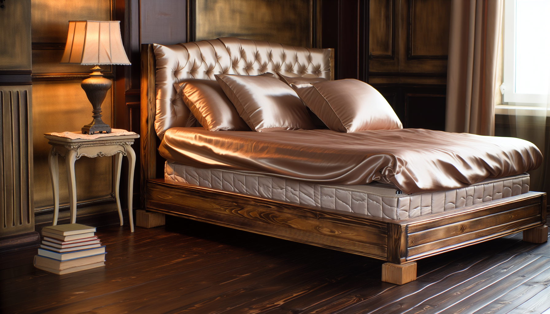 Ein kunstvoll gestaltetes Boxspringbett steht in einem warm beleuchteten, gemÃ¼tlichen Schlafzimmer. Das Bett ist mit luxuriÃ¶sen, glatten Satinbettlaken, plÃ¼schigen Kissen und einer dicken, gesteppte Bettdecke geschmÃ¼ckt. Der Holzrahmen des Bettes zeigt eine natÃ¼rlich alternde Patina, die ihm einen rustikalen, aber zeitlosen Charme verleiht. Der Raum verfÃ¼gt Ã¼ber dunkel gebeizte HolzbÃ¶den und hellfarbige WÃ¤nde, die einen einladenden Kontrast schaffen. Ein antiker Nachttisch mit einer Vintage-Lampe und einem Stapel klassischer Romane steht in der Ecke des Bettes und verstÃ¤rkt den Eindruck eines intimen und komfortablen Schlafbereichs.