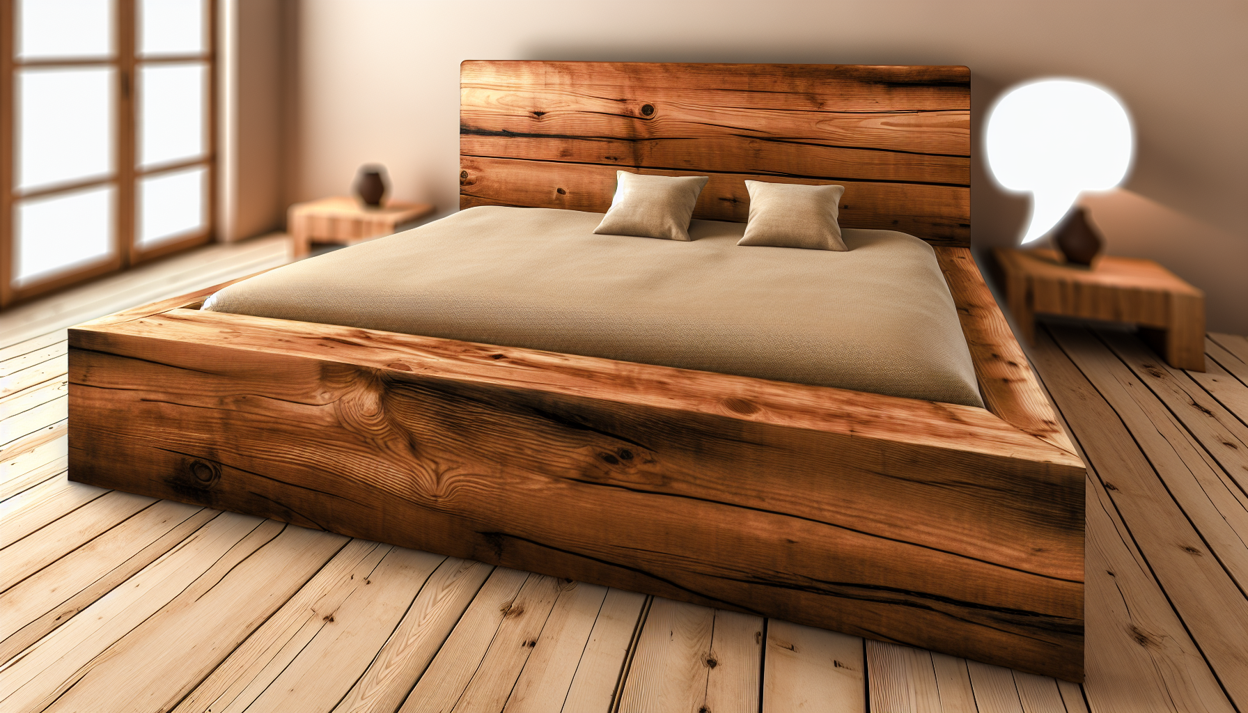 Ein Bett, das aus massivem, robustem Hartholz gefertigt ist. Stellen Sie sich eine rustikale Ã„sthetik vor, mit einem hohen Kopfteil aus makellosem, natÃ¼rlichem Holz. Die Maserung des Holzes sollte sichtbar sein und dem gesamten StÃ¼ck eine nuancierte Textur verleihen, wÃ¤hrend das Holz poliert und glatt bleibt. Der Bettrahmen sollte robust sein und seine QualitÃ¤t und Langlebigkeit demonstrieren. FÃ¼gen Sie Kissen und eine Bettdecke hinzu, um den gemÃ¼tlichen Look abzurunden, wobei alle Elemente in einem behaglichen, warm beleuchteten Raum mit Holzboden stehen, der den Charme des massiven Massivholzbettes weiter verstÃ¤rkt.