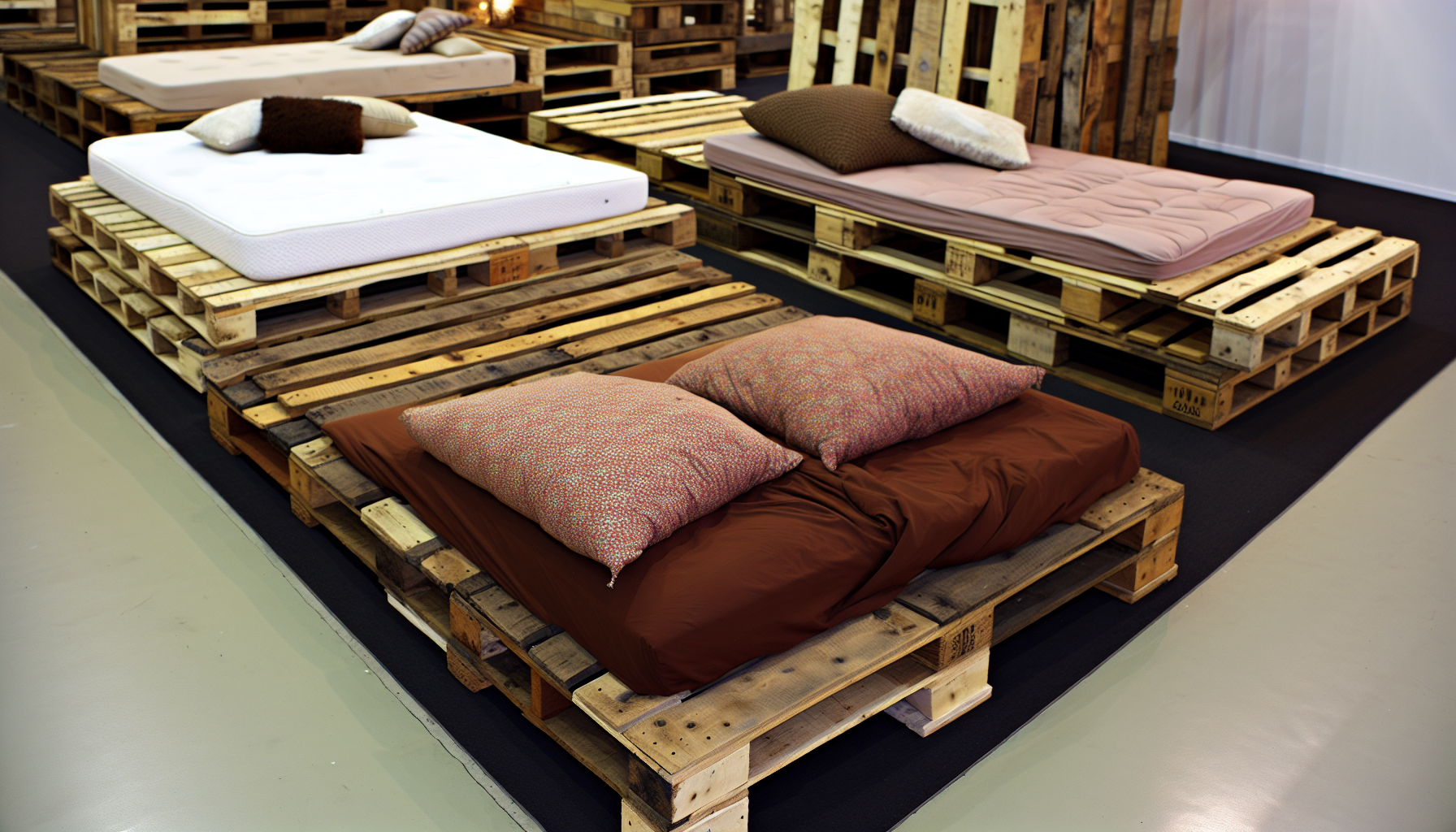 Ein Bild von mehreren Palettenbetten, die ordentlich angeordnet sind. Jedes Bett besteht aus Holzpaletten, auf denen eine bequeme Matratze liegt. Die Paletten zeigen unterschiedliche Grade von Alterung und Abnutzung, was eine visuelle Vielfalt von rustikalem Charme und praktischer FunktionalitÃ¤t schafft. Die OberflÃ¤chen variieren von rohem, unbehandeltem Holz bis hin zu dunklen Beizen, was zur Ã¤sthetischen Vielfalt beitrÃ¤gt. Die Betten sind mit plÃ¼schigen Kissen und warmen Decken ausgestattet, die zur Entspannung einladen. Die Umgebung zeigt ein kreativ gestaltetes Interieur mit avantgardistischer Nutzung von wiederverwendeten Materialien und eklektischer Dekoration, die einen Raum schafft, der gleichzeitig gemÃ¼tlich und trendig ist.