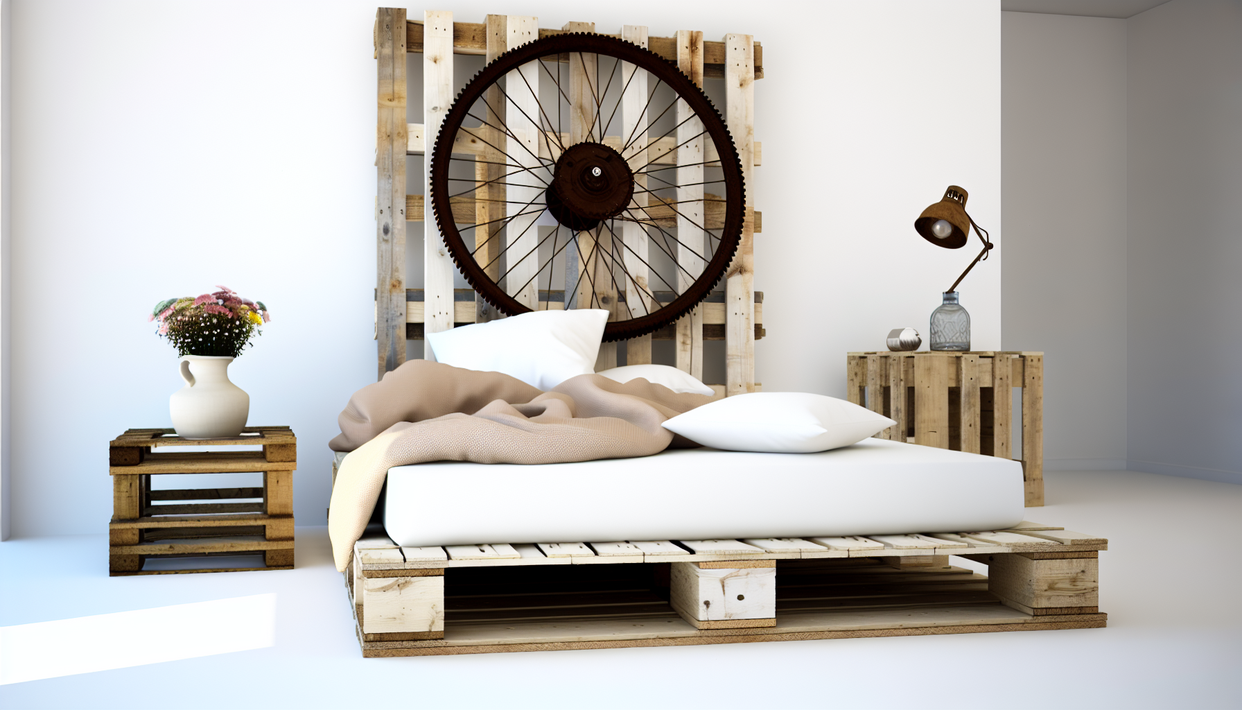 Eine abstrakte Ansicht von Palettenbetten. Das Bild zeigt ein rustikales Palettenbett, das sich in einem minimalistischen Dekorraum ausbreitet. Das rohe, unbehandelte Holz des Bettgestells steht in starkem Kontrast zu den strahlend weiÃŸen WÃ¤nden des Raumes. Die WÃ¤rme einer kuscheligen Bettdecke und eine Sammlung von flauschigen Kissen, die auf dem Bett angeordnet sind, verleihen der Szene eine gemÃ¼tliche Note. Das Bett wird von einem bescheidenen, vintage Holz-Nachttisch flankiert, der eine Keramikkaraffe mit frischen Blumen beherbergt. Ãœber dem Bett hÃ¤ngt ein altmodischer, klassischer Fahrradreifen als kreatives Wanddekor.