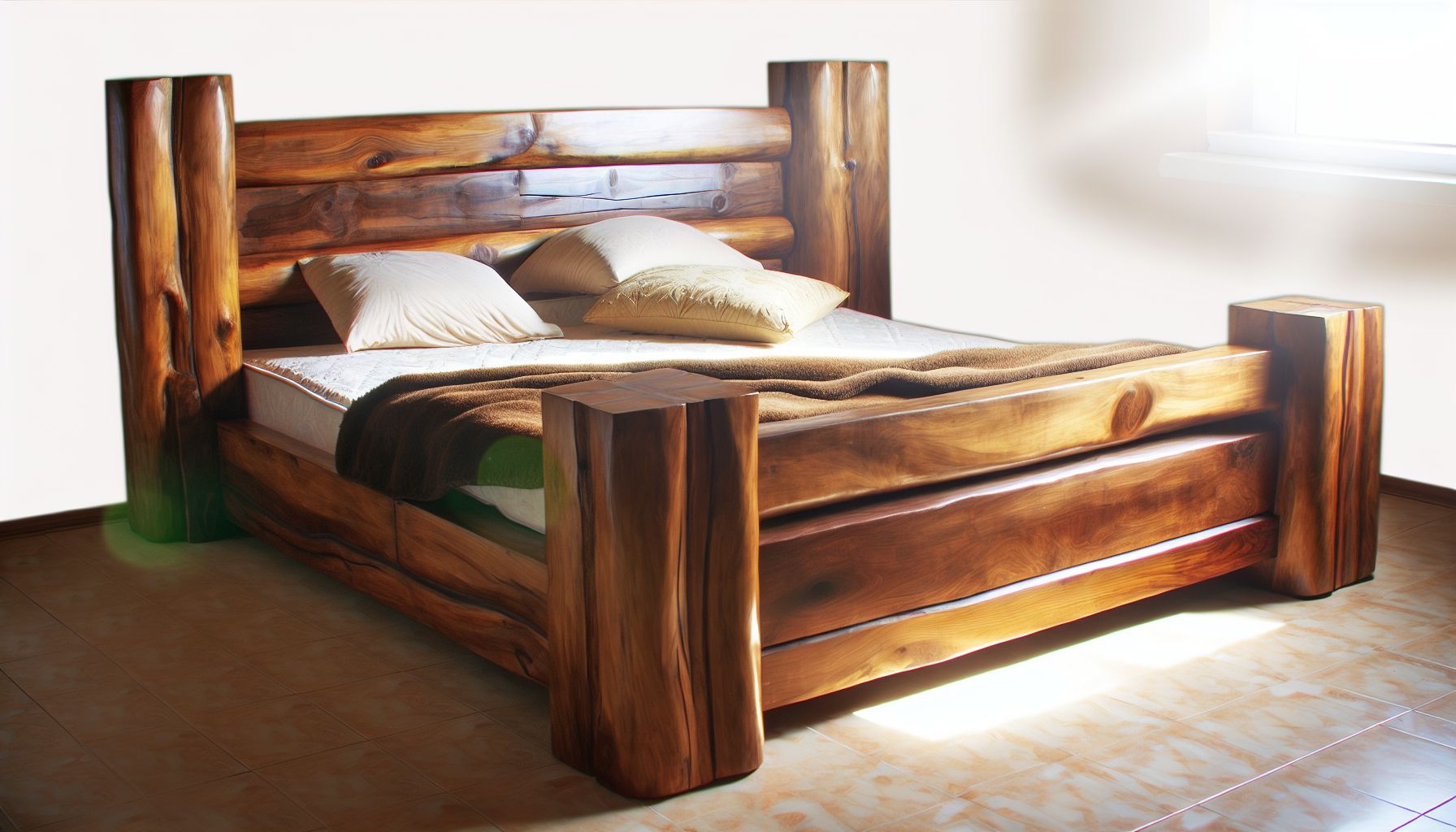 Ein solides und robustes Bett, das vollstÃ¤ndig aus massivem Holz gefertigt ist. Das Holz ist poliert, um ihm ein glÃ¤nzendes und elegantes Aussehen zu verleihen. Das Bett hat starke, viereckige Bettpfosten mit kunstvollen Schnitzereien. Das Kopfteil ist hoch und mit weicher Polsterung versehen, die bequemes Lesen oder Fernsehen ermÃ¶glicht. Der Bettrahmen ist gut konstruiert und sorgt fÃ¼r StabilitÃ¤t und Langlebigkeit. Das Bett ist ungemacht, mit flauschigen Kissen und einer warmen, einladenden Decke, die lÃ¤ssig darÃ¼ber geworfen ist. Die Sonnenstrahlen scheinen durch ein nahegelegenes Fenster und fallen auf das Bett, was seinen Reiz noch verstÃ¤rkt.
