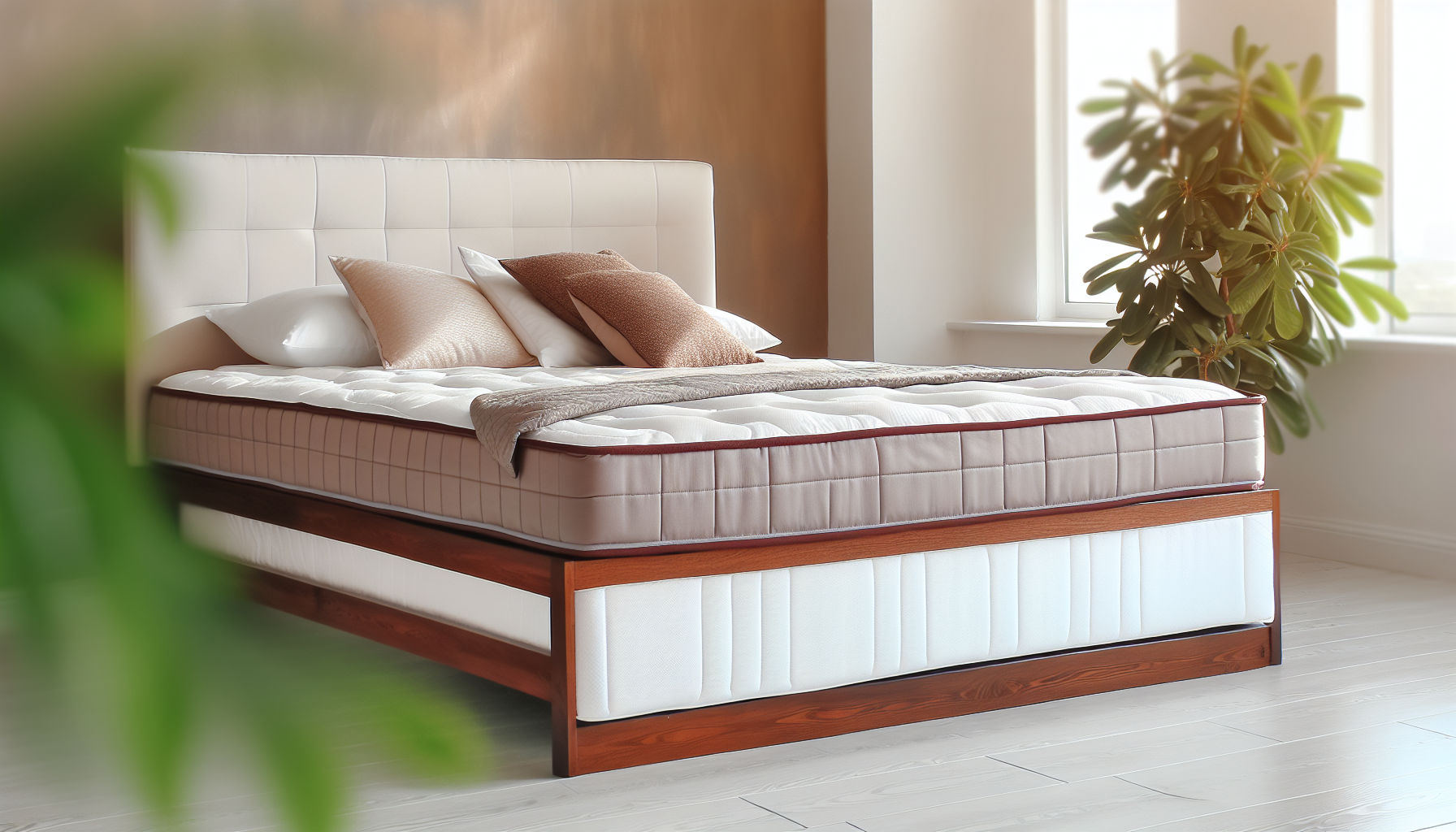 Bild eines Boxspringbettes. Das Bett ist in einem schÃ¶n gestalteten Raum positioniert, in den Licht von einem hohen Fenster strÃ¶mt. Es verfÃ¼gt Ã¼ber bequeme Kissen und eine gemÃ¼tliche Decke, die seinen einladenden Charme verstÃ¤rken. Der Bettrahmen ist aus Holz mit einer reichen, tiefbraunen OberflÃ¤che. Die Boxspringmatratze ist weiÃŸ und plÃ¼schig und verspricht eine gute Nachtruhe. Die WÃ¤nde des Raumes sind in einem warmen, neutralen Farbton gestrichen. Eine Ã¼ppige grÃ¼ne Zimmerpflanze steht neben dem Bett und schafft ein GefÃ¼hl der Ruhe.