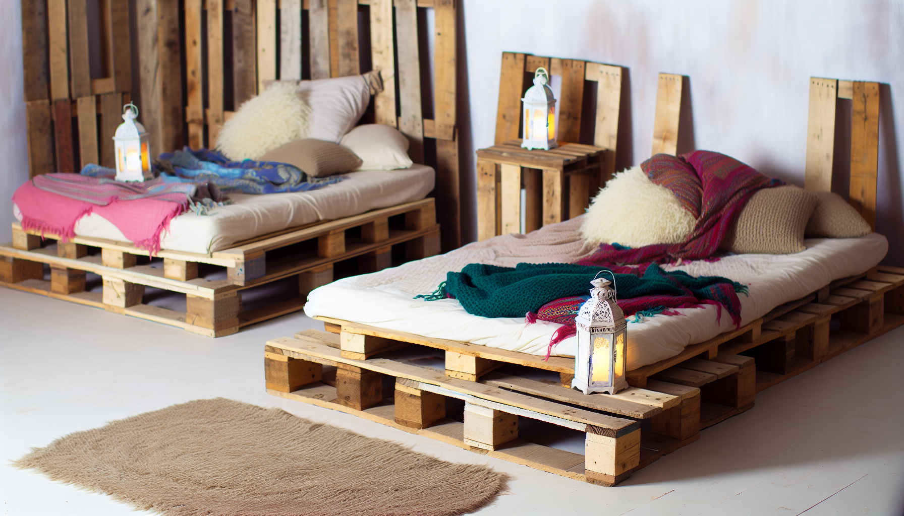 Eine Szene in einem rustikalen Schlafzimmer mit zwei Palettenbetten. Die Betten bestehen aus wiederverwendeten Holzpaletten, die Ã¼bereinander gestapelt sind. Darauf liegen kuschelige Matratzen, die mit bunten, gemÃ¼tlichen Decken und einer Vielzahl von Kissen bedeckt sind. Neben jedem Bett steht ein Nachttisch, der ebenfalls aus den gleichen Holzpaletten gefertigt ist. Zarte, hÃ¤ngende Laternen sorgen fÃ¼r sanfte Beleuchtung im Raum. Der Boden ist mit einem weichen, gewebten Teppich bedeckt, und die schlichte, weiÃŸ getÃ¼nchte Wand hinter den Betten ist mit Vintage-Kunstdrucken geschmÃ¼ckt.