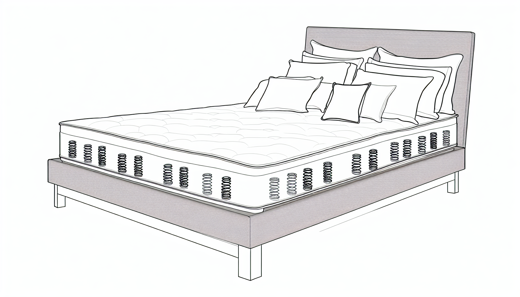 Illustrieren Sie ein Boxspringbett. Das Bett sollte mit einem Holz- oder Metallrahmen strukturiert sein, der mehrere Reihen flexibler Federn oder Spiralen enthÃ¤lt. Auf dem Boxspring befindet sich eine bequeme Matratze, die optimalen Halt und Komfort bietet. In dieses Design sollte eine stilvolle und plÃ¼schige Bettdecke integriert werden, in einer beruhigenden Farbe wie sanftem Grau oder Creme. Vergessen Sie nicht, Kissen in verschiedenen GrÃ¶ÃŸen hinzuzufÃ¼gen, einige mit KissenbezÃ¼gen, die mit der Bettdecke Ã¼bereinstimmen, andere in kontrastierenden Farben, um visuelles Interesse zu erzeugen. Das Bett sollte unbesetzt und ordentlich gemacht sein, um die Aura eines ruhigen und erholsamen Schlafzimmers zu vermitteln.