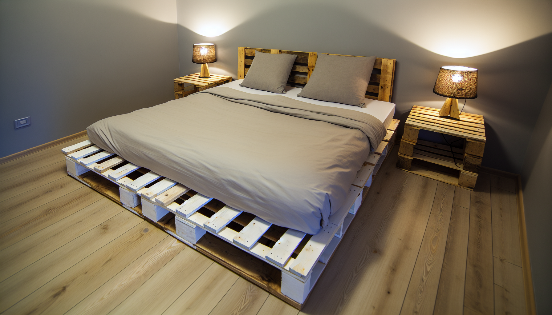 Bild von Palettenbetten in einem gemütlichen, minimalistischen Schlafzimmer. Die Bettgestelle sind aus recycelten Holzpaletten gefertigt und lackiert, um die natürliche Maserung des Holzes hervorzuheben. Die Bettwäsche ist minimalistisch und einladend in sanften Grautönen und Weiß. Die Beleuchtung ist warm und schafft eine komfortable, rustikale Atmosphäre. Es gibt passende Nachttische, die ebenfalls aus Paletten gebaut sind, und Lampen, die ein sanftes Licht im Raum verbreiten. Der Boden ist aus Holz und ergänzt das gesamte Holzthema des Zimmers.
