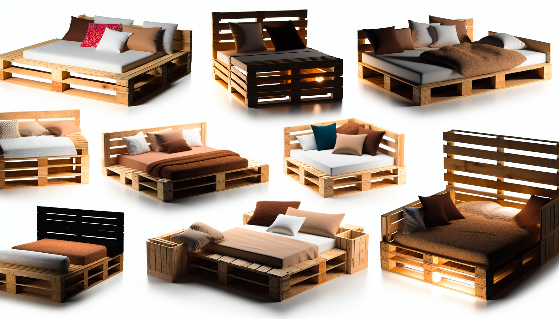 Eine Komposition Ã¤sthetisch ausgewÃ¤hlter Palettenbetten. Diese wiederverwendeten Holzkisten sollten in verschiedenen GrÃ¶ÃŸen und Stilen prÃ¤sentiert werden, die von einfachen und minimalistischen Designs bis hin zu dynamischeren und kreativ modifizierten Varianten reichen. Einige sollten mit gemÃ¼tlich angeordneten Kissen und weichen, warmen Decken geschmÃ¼ckt sein; ein anderes Set kÃ¶nnte integrierte StauraumlÃ¶sungen bieten, wÃ¤hrend andere ein hÃ¶heres Design mit einer Holztreppe, die zum Bett fÃ¼hrt, aufweisen kÃ¶nnten. Die Beleuchtung im Bild sollte sanft und einladend sein und den rustikalen Charme von PalettenmÃ¶beln einfangen.