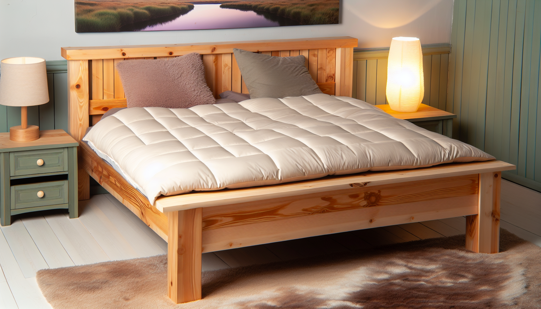 Ein Bild eines großen, stabilen Bettes aus massivem Holz. Das Bett zeigt die natürliche Maserung des Holzes, da es nur leicht lackiert und nicht mit Farbe bedeckt ist. Es hat ein klassisches Lattenholzdesign, das eine rustikale und gemütliche Atmosphäre schafft. Die Bettwäsche umfasst eine plüschige Federdecke und mehrere Kissen. Die Raumdekoration beinhaltet eine sanft leuchtende Tischlampe und einen einladenden Teppich. Die Wand hinter dem Bett ziert ein ruhiges Landschaftsgemälde, das die stille Schönheit der Natur einfängt. Die Szene strahlt eine ruhige Einfachheit aus, die sowohl beruhigend als auch tröstlich in ihrer Aufrichtigkeit ist.
