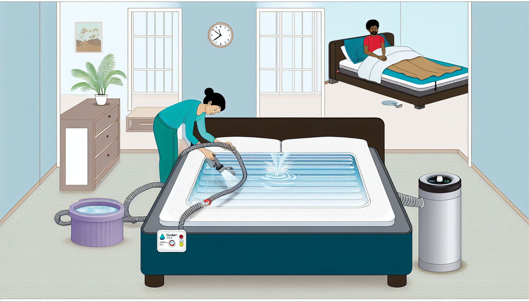 Eine detaillierte Darstellung des Aufbaus eines Wasserbettes im Schlafzimmer. Die Szene zeigt, dass der Bettgestell bereits montiert ist und die Wasserbettmatratze darin eingelegt wird. Eine sÃ¼dasianische Frau fÃ¼llt die Matratze mit Wasser, indem sie einen Schlauch verwendet, der mit dem Wasserhahn verbunden ist, und darauf achtet, dass sie bis zur richtigen HÃ¶he gefÃ¼llt ist. Ein afrikanischer Mann wird gezeigt, wie er die Temperatur mit der Heizungssteuerung anpasst. Der Prozess, einen Wasserzusatz zur Matratze hinzuzufÃ¼gen, um das Wachstum von Algen, Bakterien und Pilzen zu verhindern, wird ebenfalls dargestellt. Im Hintergrund ist der Raum gut beleuchtet, mit neutralen Dekorationen.