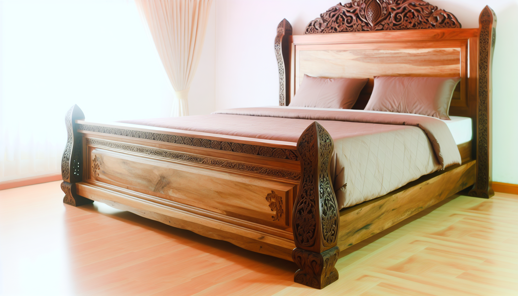 Ein kunstvoll gestaltetes, massives Holzbett steht in einem sanft beleuchteten Raum. Das Bett verfügt über ein großes, gut poliertes Kopf- und Fußteil mit filigranen Details, die in das Holz geschnitzt sind. Die Atmosphäre ist ruhig, und weiche, einladende Bettwäsche kleidet das Möbelstück. Der Raum zeigt zudem einen schönen Holzboden, der die Ästhetik des Bettes ergänzt.