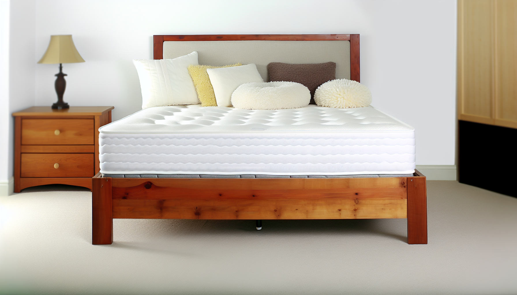 Ein Bild eines Boxspringbettes. Dieses Bett steht im Mittelpunkt des Bildes und ist gut detailliert. Der Bettrahmen besteht aus robustem Holz, und der Boxspring ist perfekt darin eingelassen. Oben befindet sich eine komfortabel aussehende Matratze mit einer weichen, plÃ¼schigen weiÃŸen Decke darauf, und mehrere unterschiedlich geformte und groÃŸe Kissen liegen oben in der NÃ¤he des Kopfendes. Die WÃ¤nde des Raumes sind weiÃŸ. Auf einer Seite des Bettes steht ein Nachttisch mit einer Lampe.