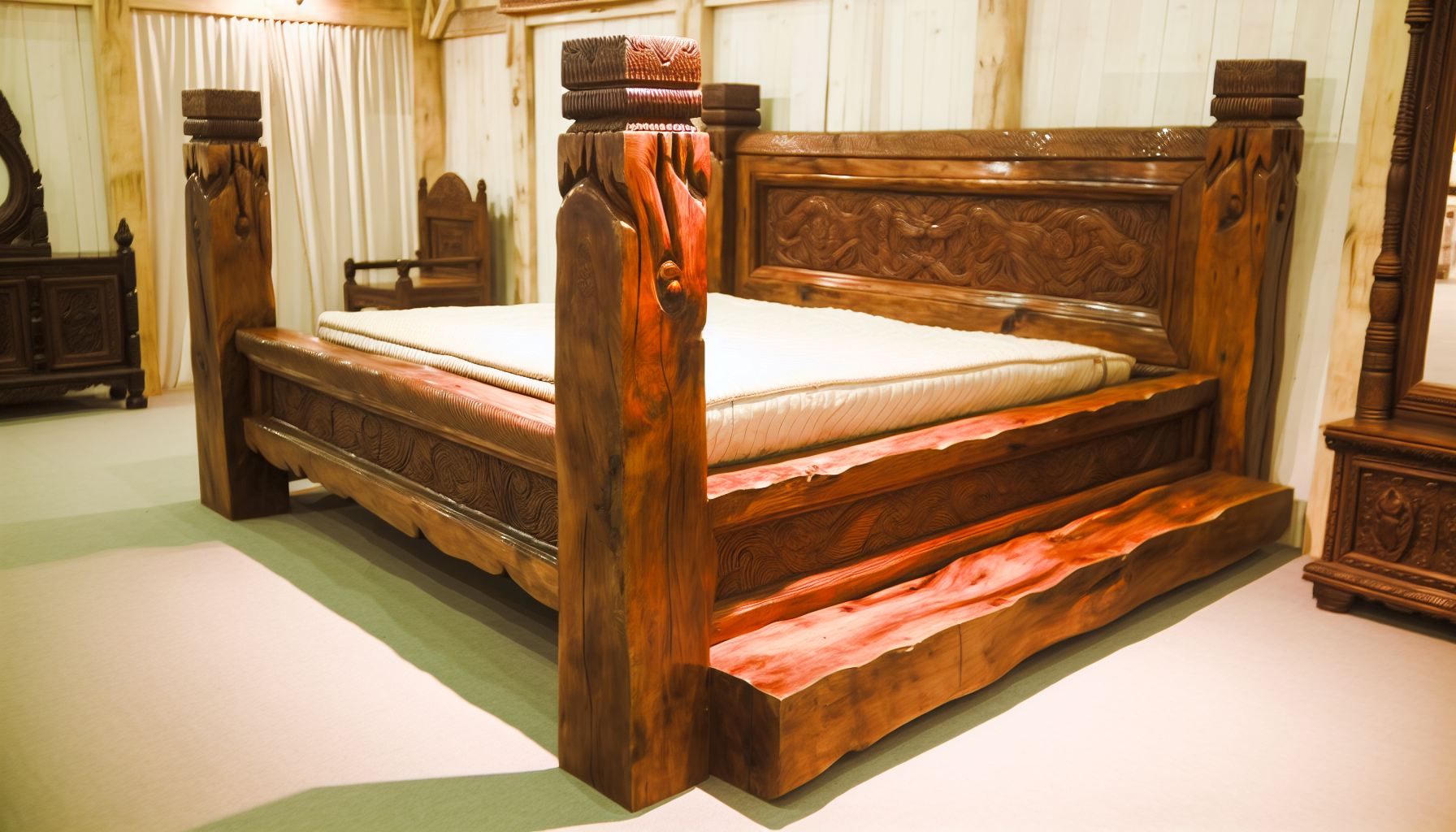 Ein kunstvoll geschnitztes, massives Bett aus massivem Holz mit stabilen Bettpfosten. Das Bett ist mit filigraner Holzarbeit verziert, die ihm ein rustikales, aber dennoch majestÃ¤tisches Aussehen verleiht. Es hat eine polierte OberflÃ¤che, und die Holzmaserung ist sichtbar, was die natÃ¼rliche SchÃ¶nheit des Holzes unterstreicht. Das Bett steht in einem Raum mit sanftem, diffusem Licht, das eine AtmosphÃ¤re der Ruhe schafft. An der Seite kÃ¶nnte ein passender Nachttisch aus Holz stehen. Bitte fÃ¼gen Sie auch ein bequem aussehendes, flauschiges BettwÃ¤sche-Set auf der Matratze hinzu, das die GesamtgemÃ¼tlichkeit der Szene verstÃ¤rkt.