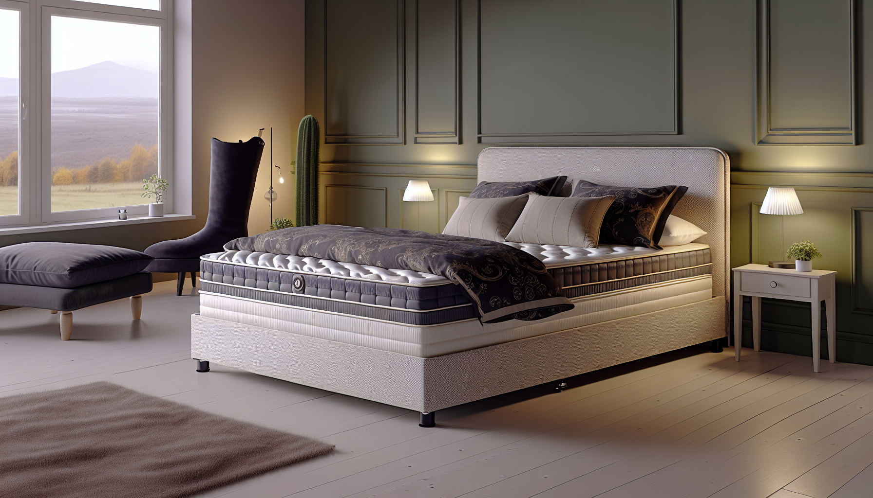 Ein hochauflÃ¶sendes Bild eines Boxspringbettes mit klassischem Design. Das Bett steht in einem geschmackvoll dekorierten Schlafzimmer mit sanften Farben an den WÃ¤nden, ergÃ¤nzt durch weiche, ambientale Beleuchtung. Elegant gemusterte BettwÃ¤sche ist ordentlich auf dem Bett arrangiert, mit prallen Kissen, die gegen das Kopfteil gelehnt sind. Ein gemÃ¼tlicher Nachttischteppich liegt auf dem Boden neben dem Bett, und ein moderner Nachttisch mit einer schlanken Nachttischlampe steht daneben. Im Hintergrund steht eine pflanzenfÃ¶rmige Dekoration in Form eines Stiefels nahe einem Fenster und bringt einen Hauch von GrÃ¼n in den Raum.