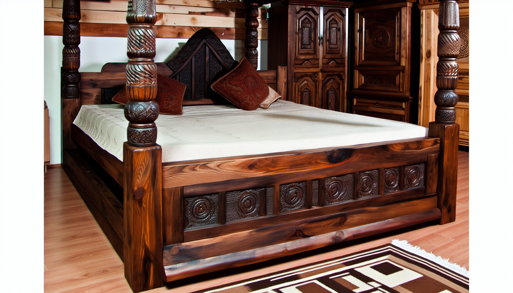 Ein robustes Bett aus massivem Holz. Es besticht durch sorgfältige Handwerkskunst, mit geschnitzten Details an jedem der vier Pfosten. Das Kopfteil ist kunstvoll mit einem mehrschichtigen Design verziert, das komplexe Muster und Tiefe zu seiner makellosen Oberfläche hinzufügt. Der Bettrahmen strahlt Antike aus mit seiner dunklen Holzbeize, die die natürlichen Maserungen des Holzes betont. Eine plüschige Bettdecke mit einer Auswahl an passenden Kissen liegt auf der stabilen Matratze. Der Raum hat eine rustikale Ästhetik, mit Holzböden und einem Teppich mit geometrischen Mustern, der unter dem Fuß des Bettes platziert ist.