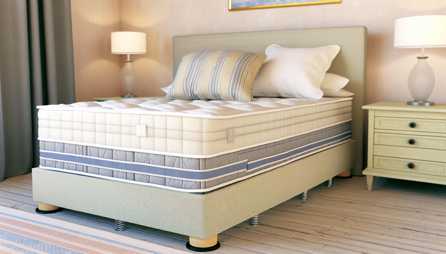 Eine detaillierte Visualisierung eines Boxspringbetts, allgemein bekannt als Boxspringbett. Das Bild sollte ein gut gemachtes und komfortabel aussehendes Bett mit einer stabilen Boxspringbasis, einer weichen Matratze obenauf und ordentlich angeordneten Kissen und BettwÃ¤sche prÃ¤sentieren. Der Stoff des Bettes sollte einladend und ansprechend sein, mit beruhigenden Farben und Mustern. Im Raum sind auch ein Nachttisch, eine elegante Lampe und ein einfaches Kunstwerk, das Ã¼ber dem Bett an der Wand hÃ¤ngt, sichtbar.