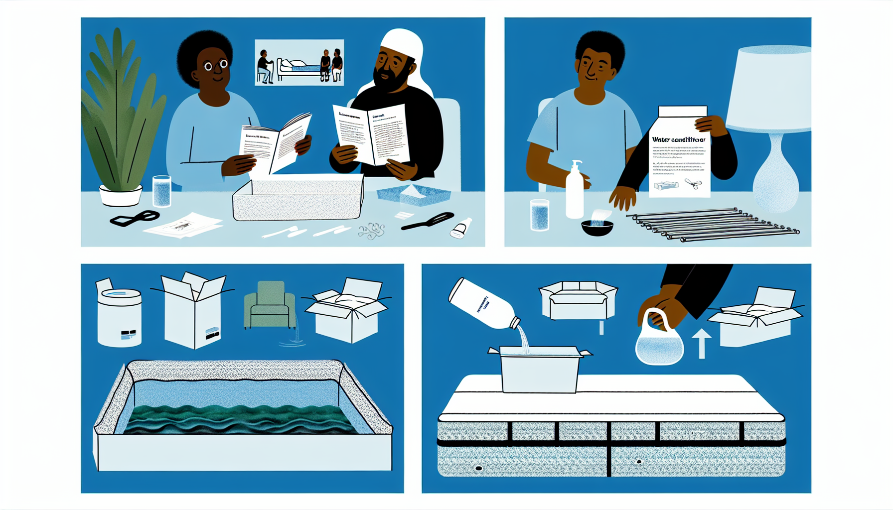 Eine detaillierte Illustration zum Einrichten und Pflegen eines Wasserbettes. In der ersten Szene sind zwei Personen zu sehen, ein Mann aus dem Nahen Osten und eine schwarze Frau, die die Komponenten des Wasserbettes auspacken. Der Mann liest die Anleitung, wÃ¤hrend die Frau beginnt, das Schlafsystem zusammenzubauen. Die zweite Szene zeigt das Wasserbett, das vollstÃ¤ndig aufgebaut und mit Wasser gefÃ¼llt ist. Das gleiche Duo fÃ¼gt nun die notwendigen Behandlungen hinzu. Die Frau ist zu sehen, wie sie einen Wasserzusatz in die Wassermatratze gieÃŸt, um Schimmel und Mehltau zu vermeiden. In der letzten Szene ist das Bett ordentlich mit BettwÃ¤sche gemacht, und das Duo bewundert ihre Arbeit. Visuelle Hinweise verdeutlichen den Prozess.