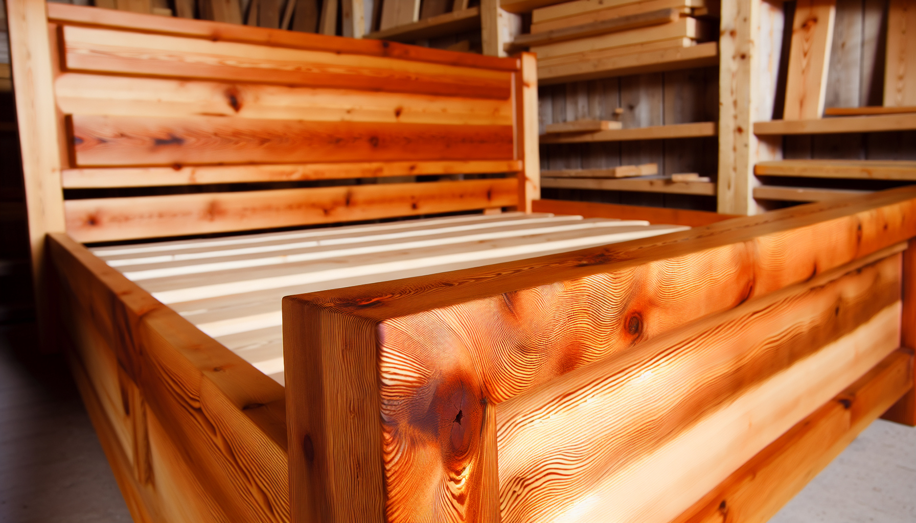 Ein Bild eines massiven Bettes, das vollstÃ¤ndig aus massivem Holz gefertigt ist. Das Bett ist wunderschÃ¶n konstruiert mit einem robusten Holz-Kopf- und FuÃŸteil. Die Holzstruktur wird durch natÃ¼rliche Maserungen und Ã„ste hervorgehoben. Die Liebe zum Detail in der Handwerkskunst ist offensichtlich und spiegelt einen rustikalen Stil wider. Die warmen TÃ¶ne der Holzfarbe verleihen dem Bild eine einladende WÃ¤rme. Man kann die robuste Natur des Bettes fast schon beim Ansehen spÃ¼ren. Auch seine Nachhaltigkeit und Langlebigkeit sind offensichtlich, was es zu einem klassischen MÃ¶belstÃ¼ck macht, das niemals aus der Mode kommt.
